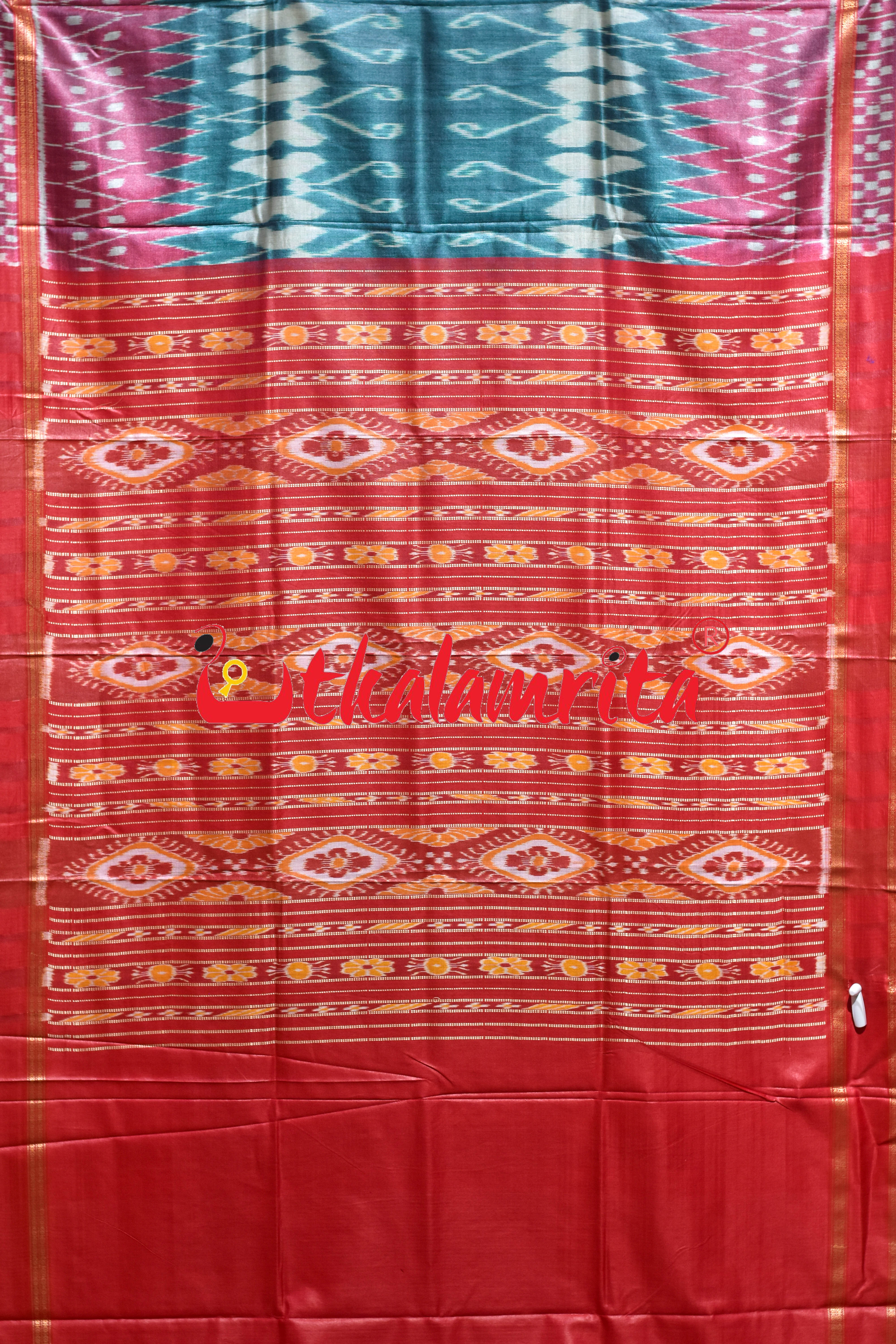 Body Ikat Pasapali Border Sea Green Red Gopalpur Tussar Silk Saree
