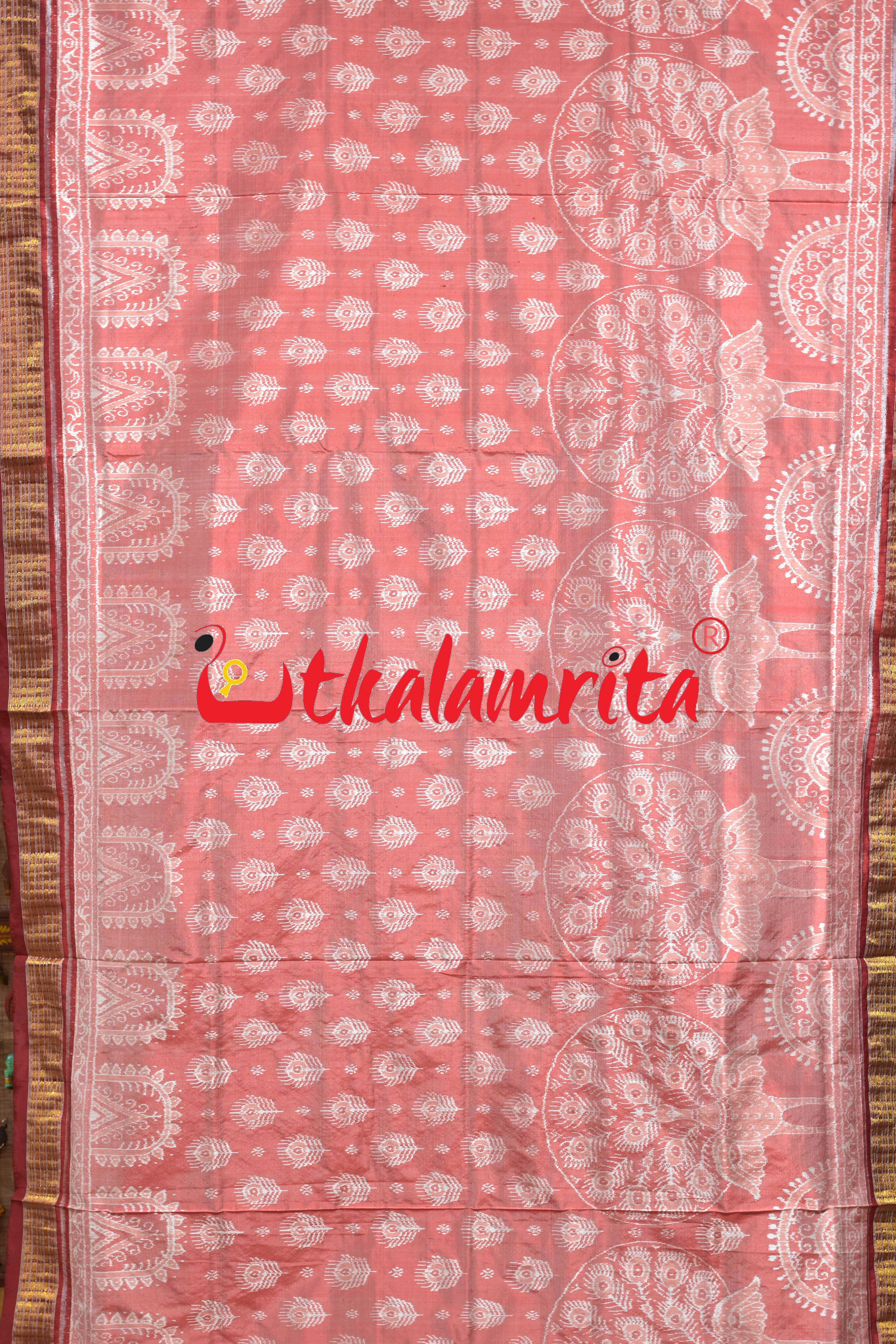 Peach Mayura Sambalpuri Bandha Half Tissue Silk Saree