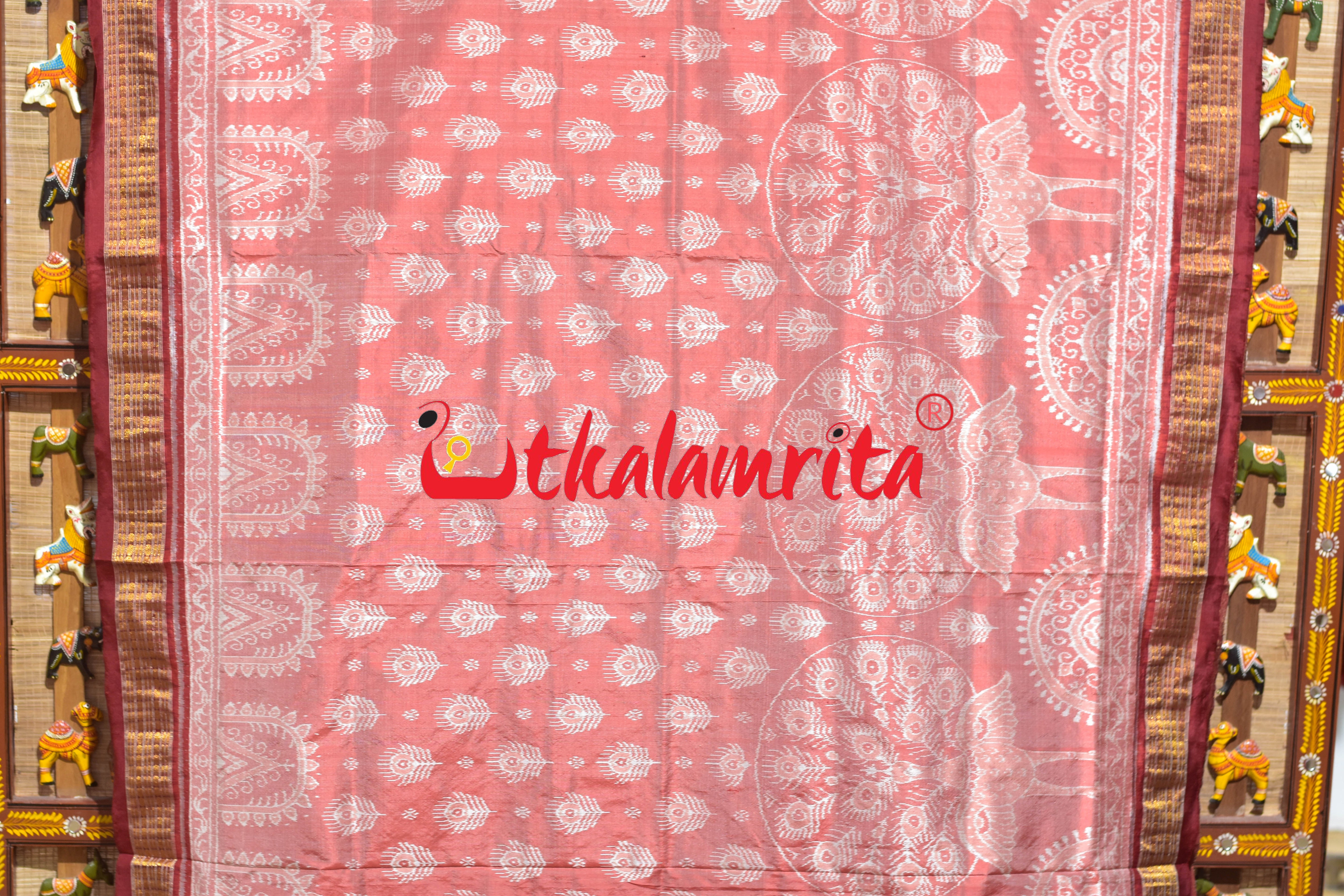 Peach Mayura Sambalpuri Bandha Half Tissue Silk Saree
