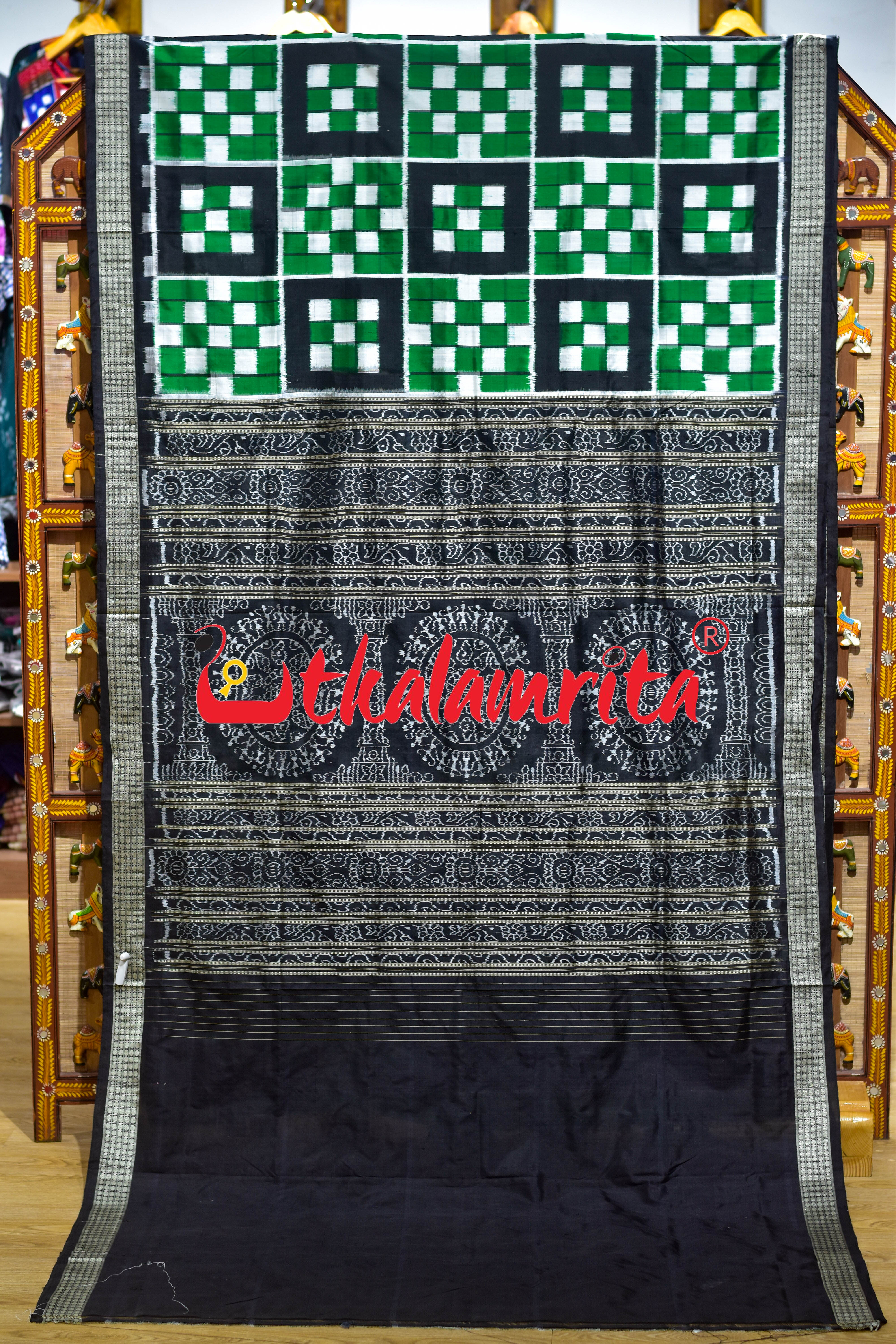 5 Kuthi Green Black White Pasapali Sambalpuri Silk Saree