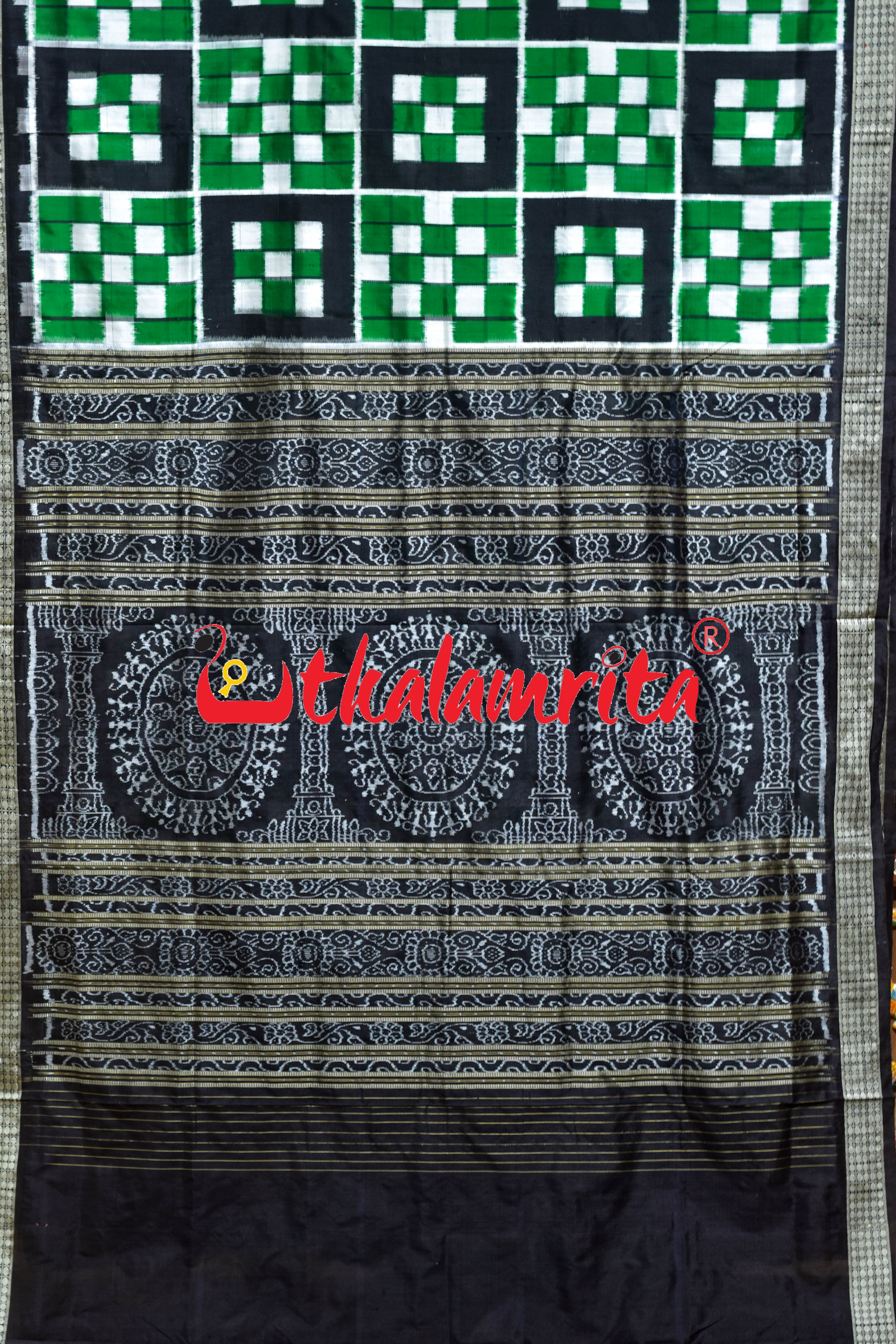 5 Kuthi Green Black White Pasapali Sambalpuri Silk Saree