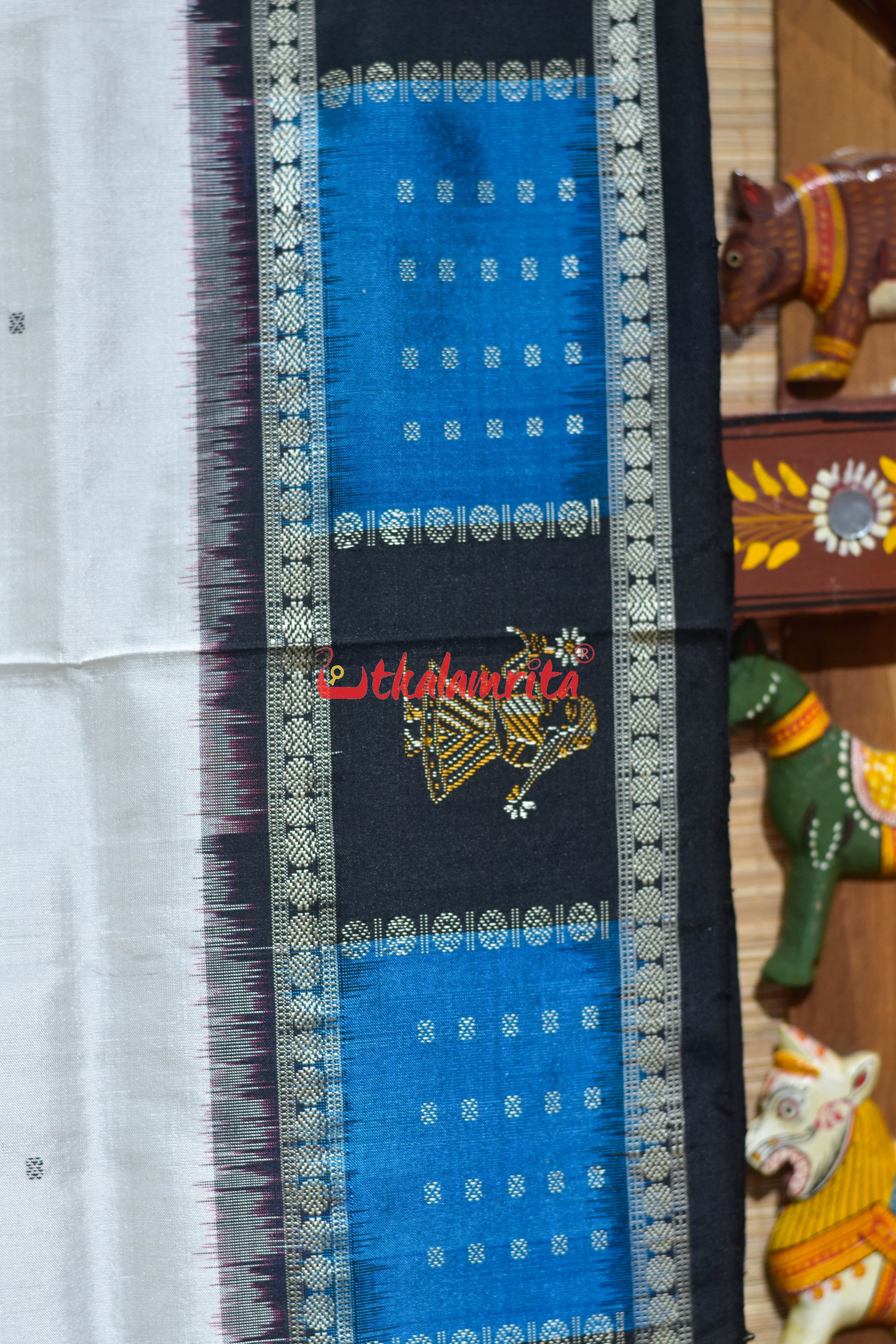 White with Black Doll Border Bomkai Silk Saree