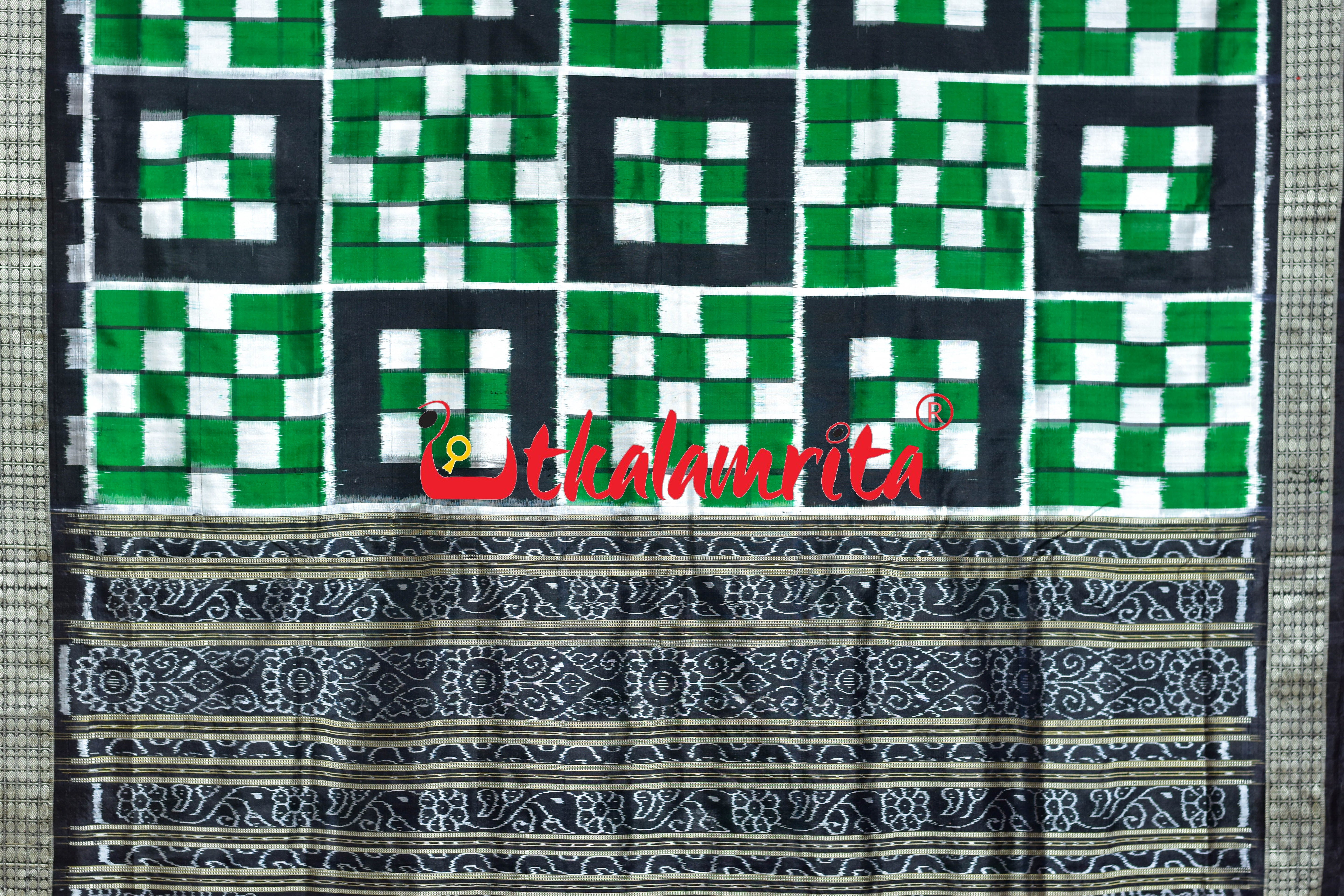 5 Kuthi Green Black White Pasapali Sambalpuri Silk Saree