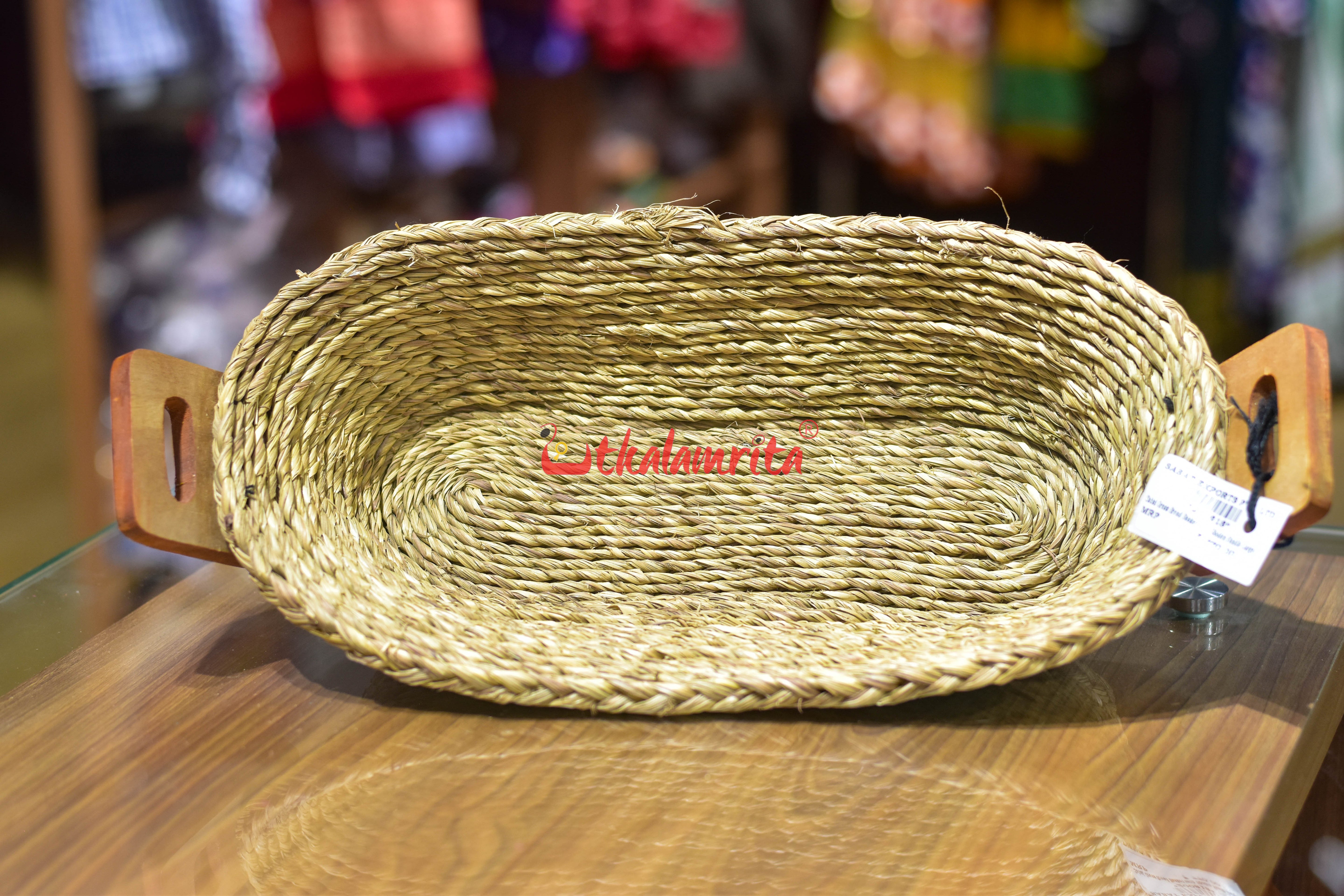 Sabai Grass Bread Basket with Wooden Handle (Large)