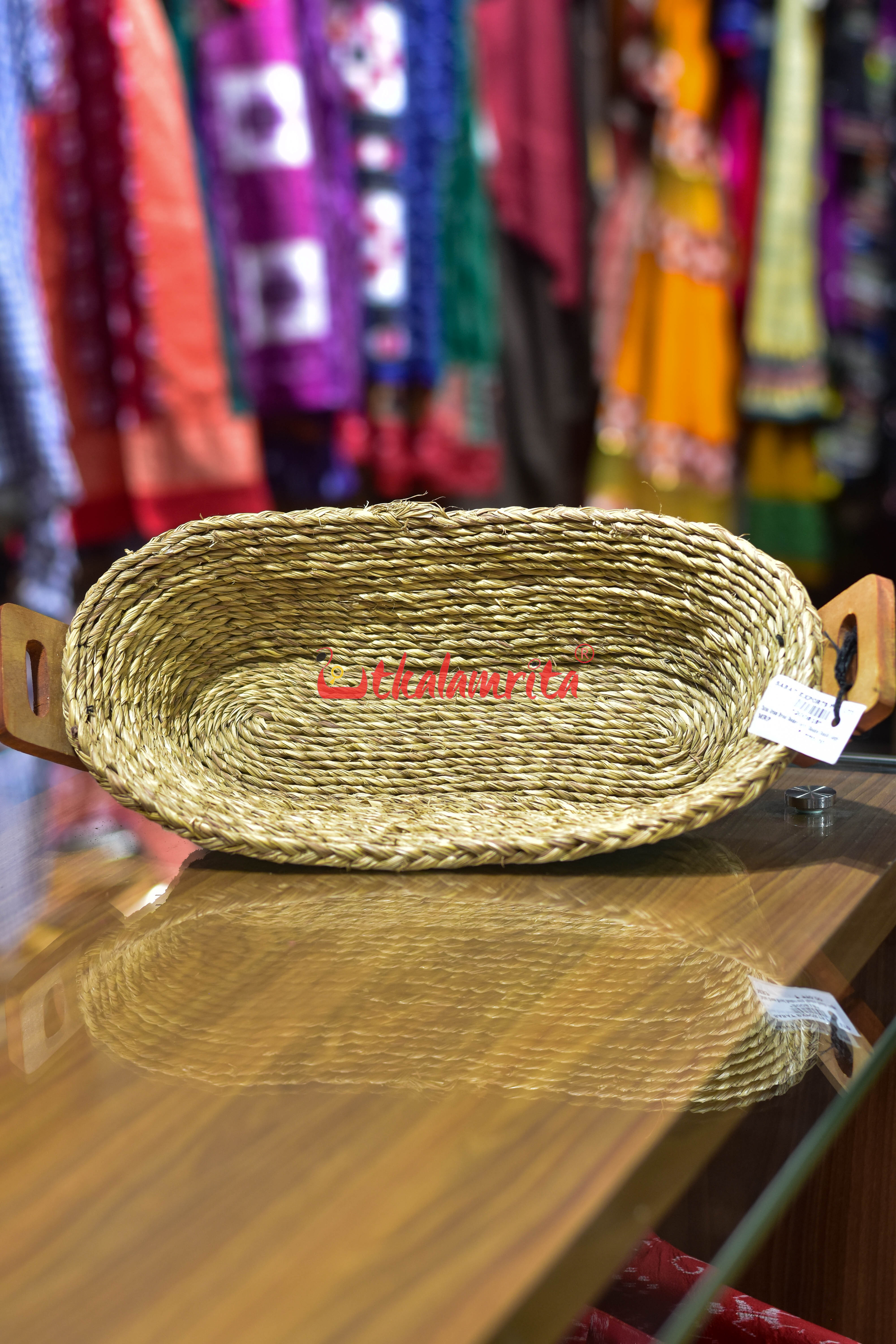 Sabai Grass Bread Basket with Wooden Handle (Large)