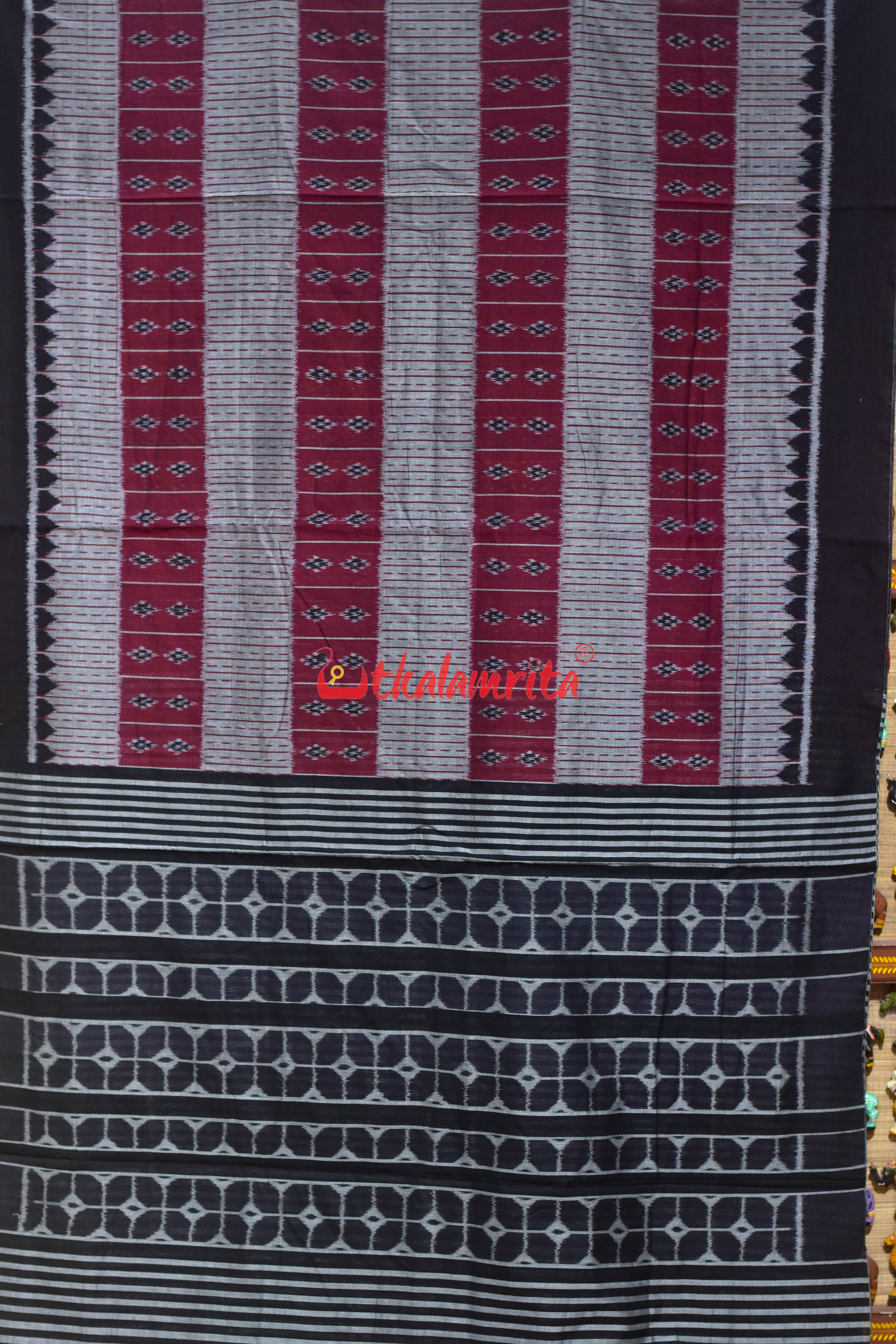 9D Single Ikat Pasapali Grey Maroon Cotton Saree