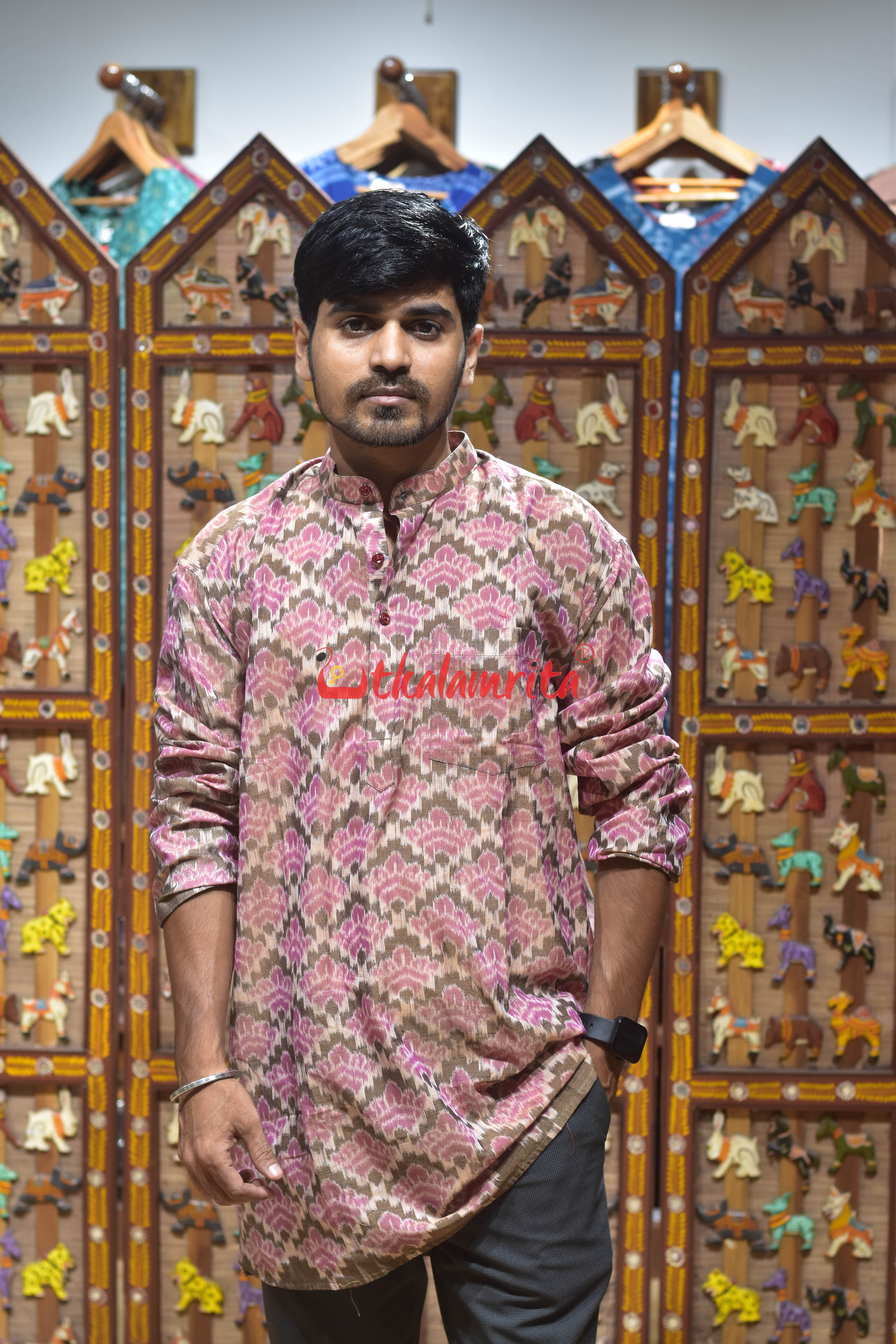 Pink Lotus Design (Men's Short Kurta)