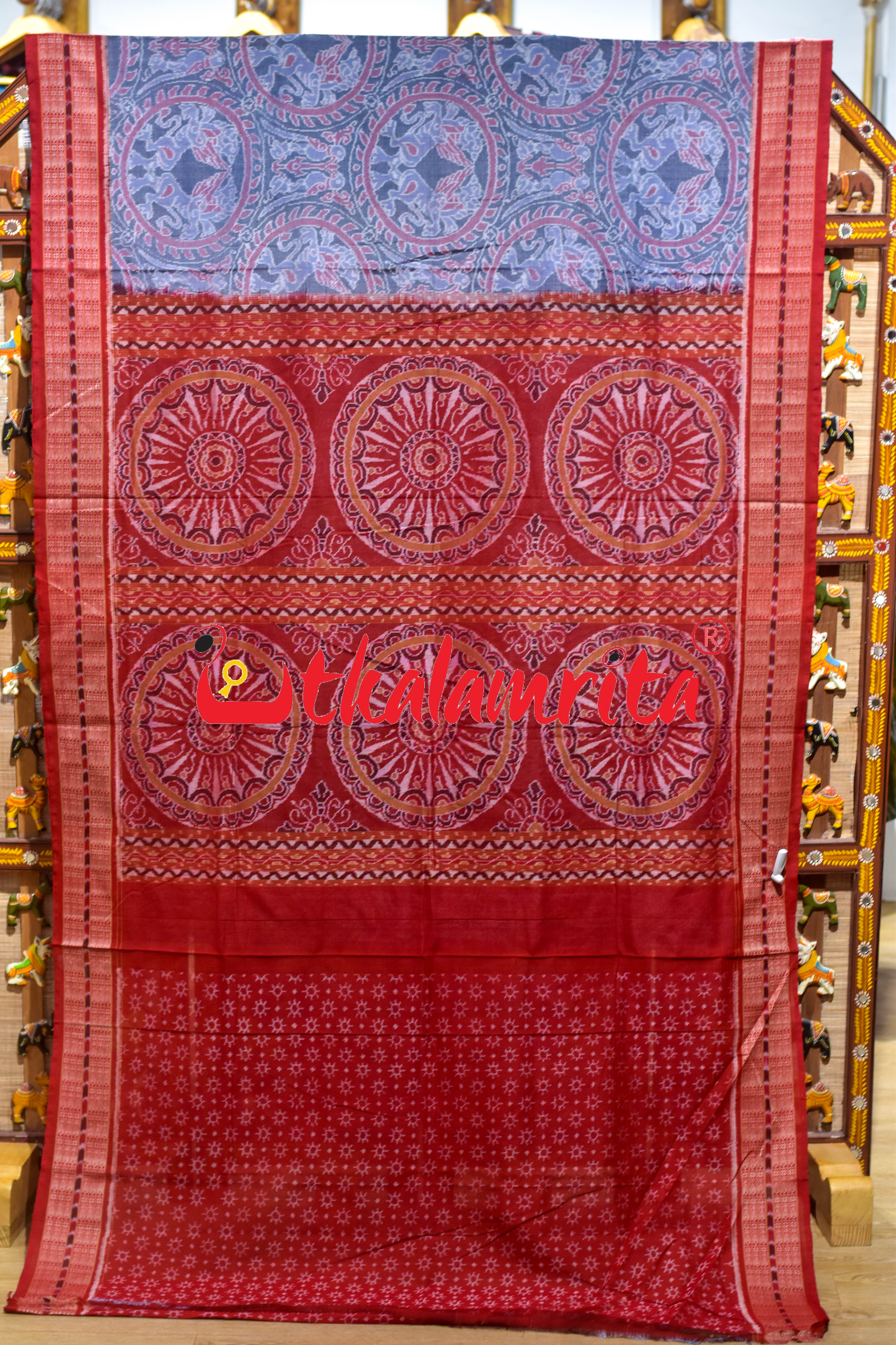 Grey Red Lion Parrot Sambalpuri Cotton Saree