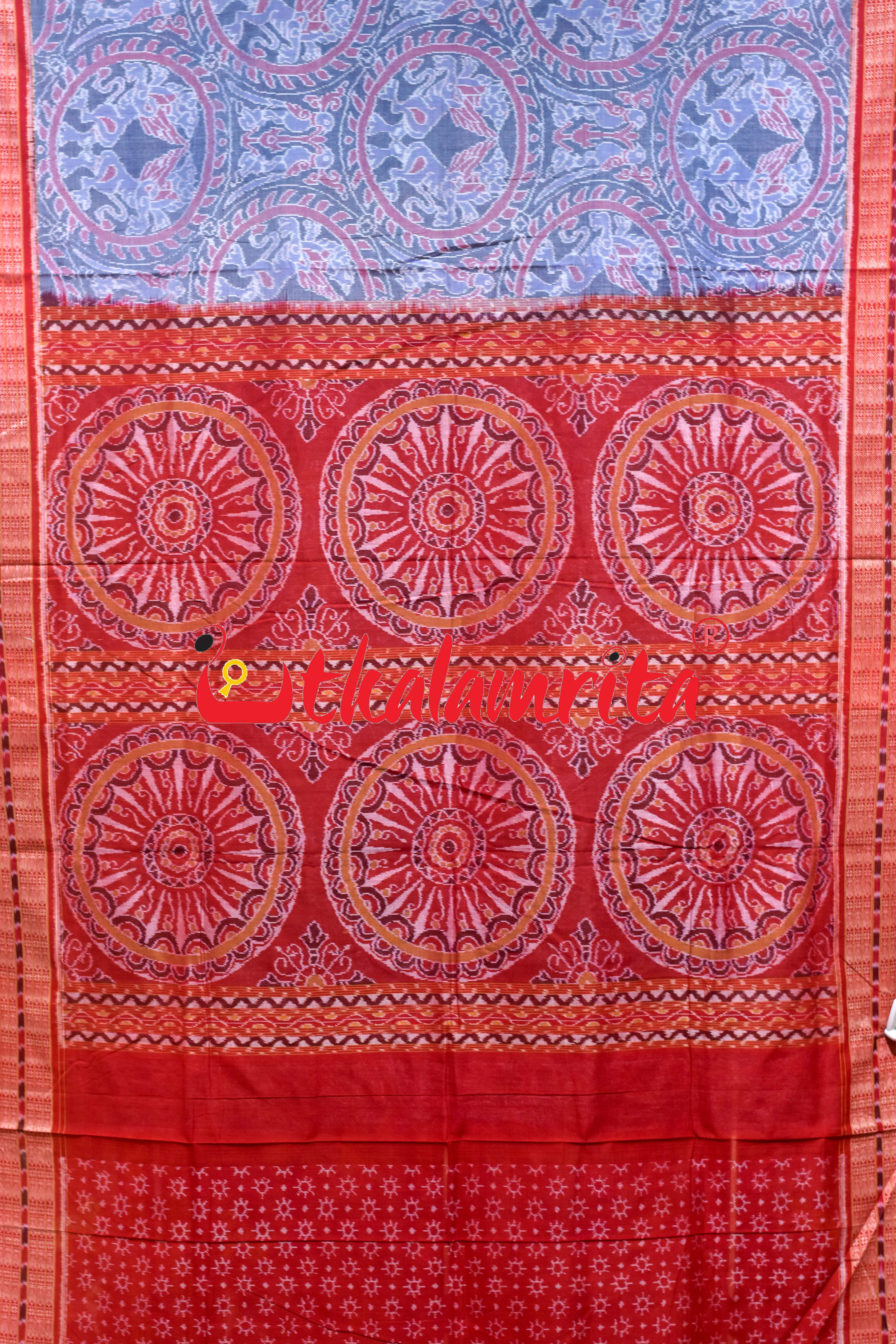 Grey Red Lion Parrot Sambalpuri Cotton Saree