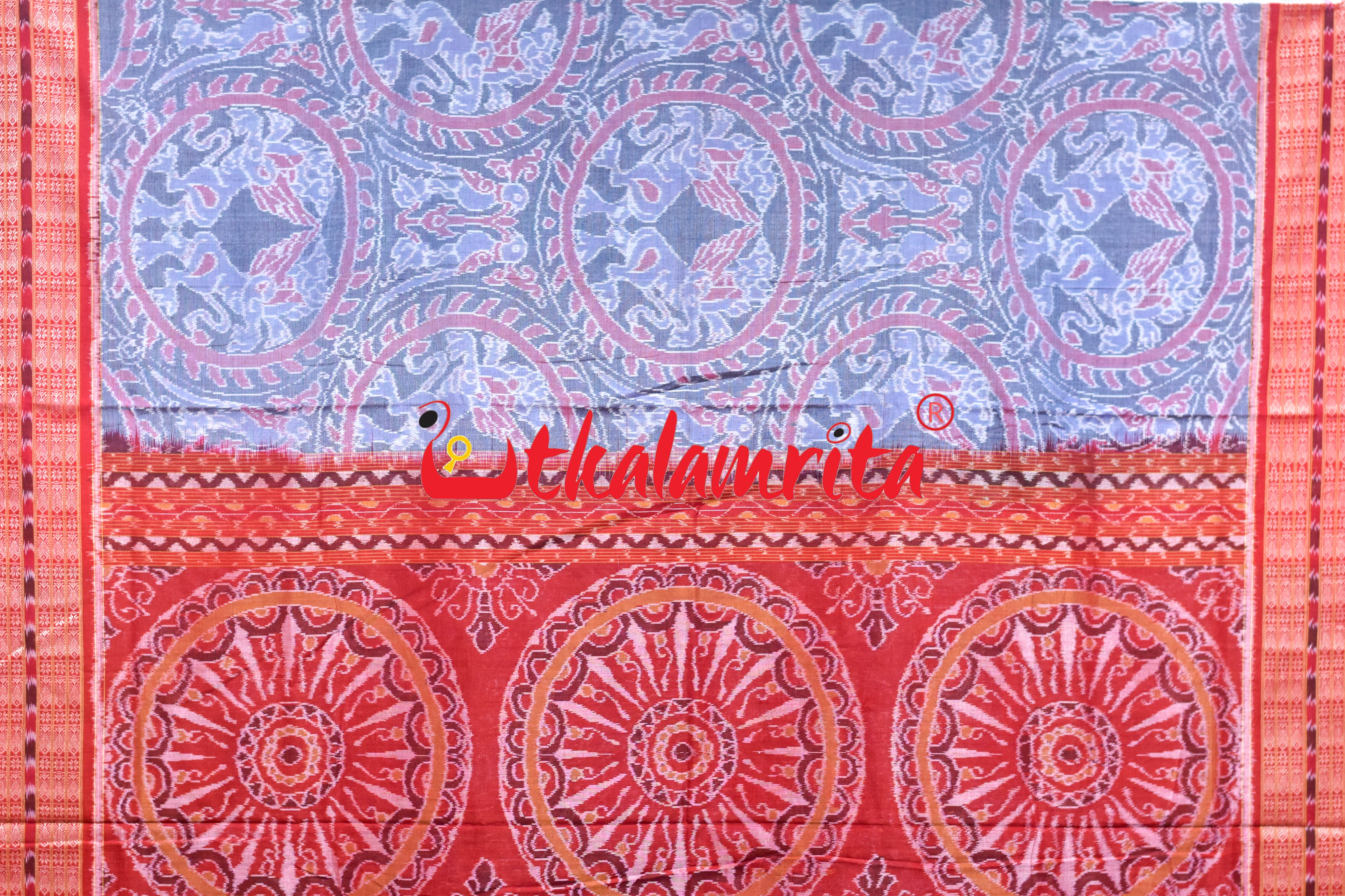 Grey Red Lion Parrot Sambalpuri Cotton Saree