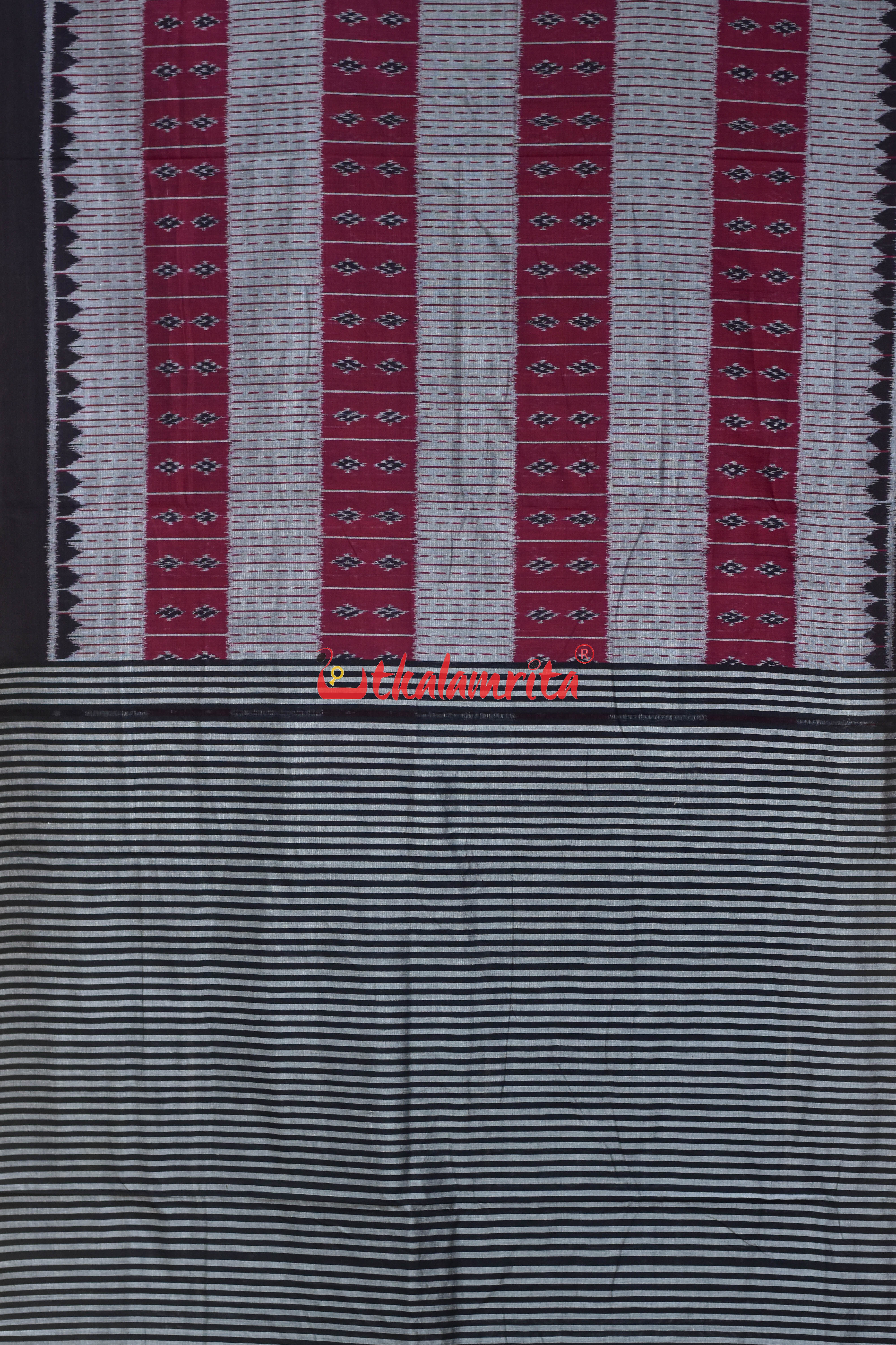 9D Single Ikat Pasapali Grey Maroon Cotton Saree