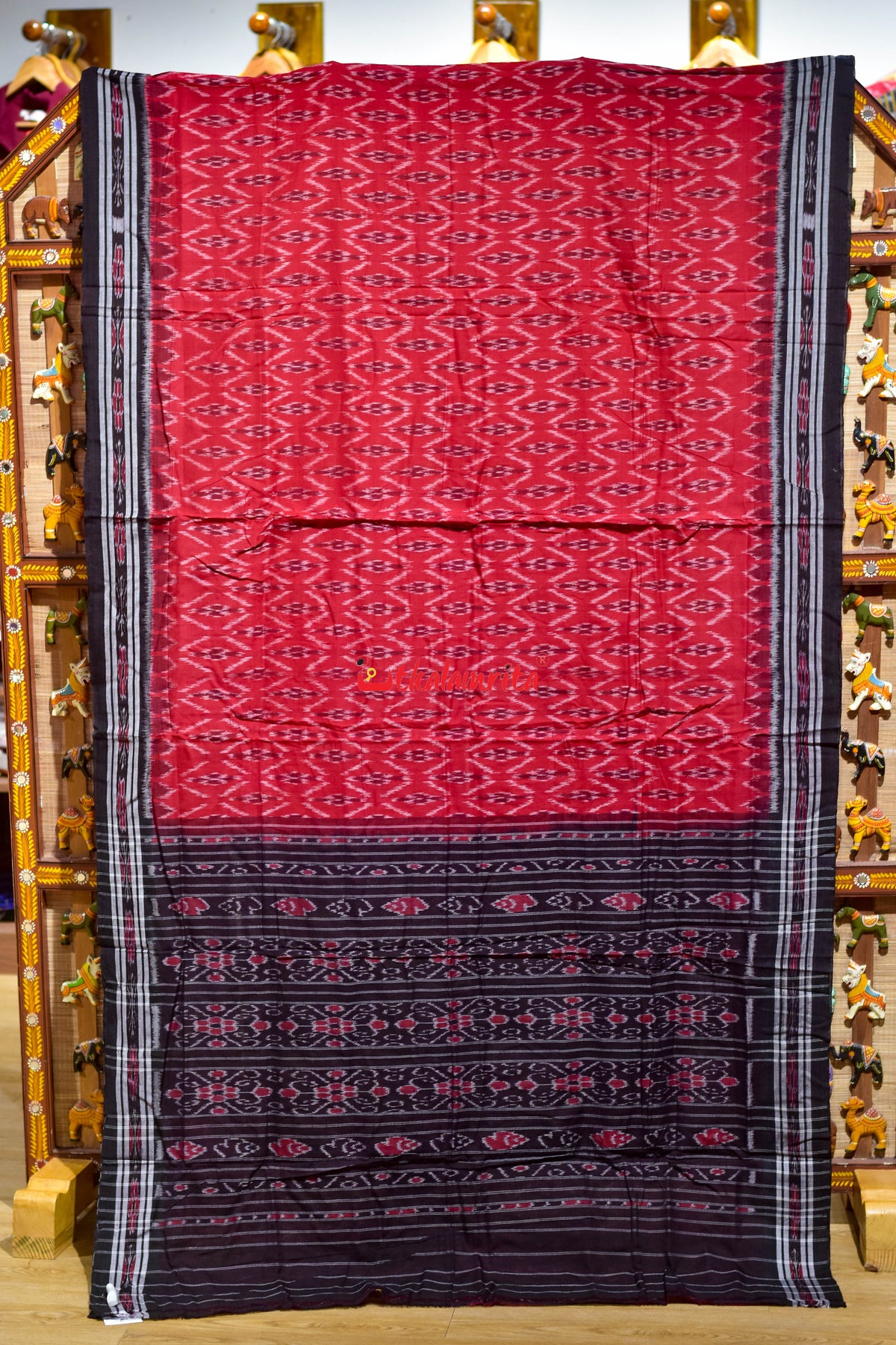 Red Black Phula Bandha Khandua Cotton Saree