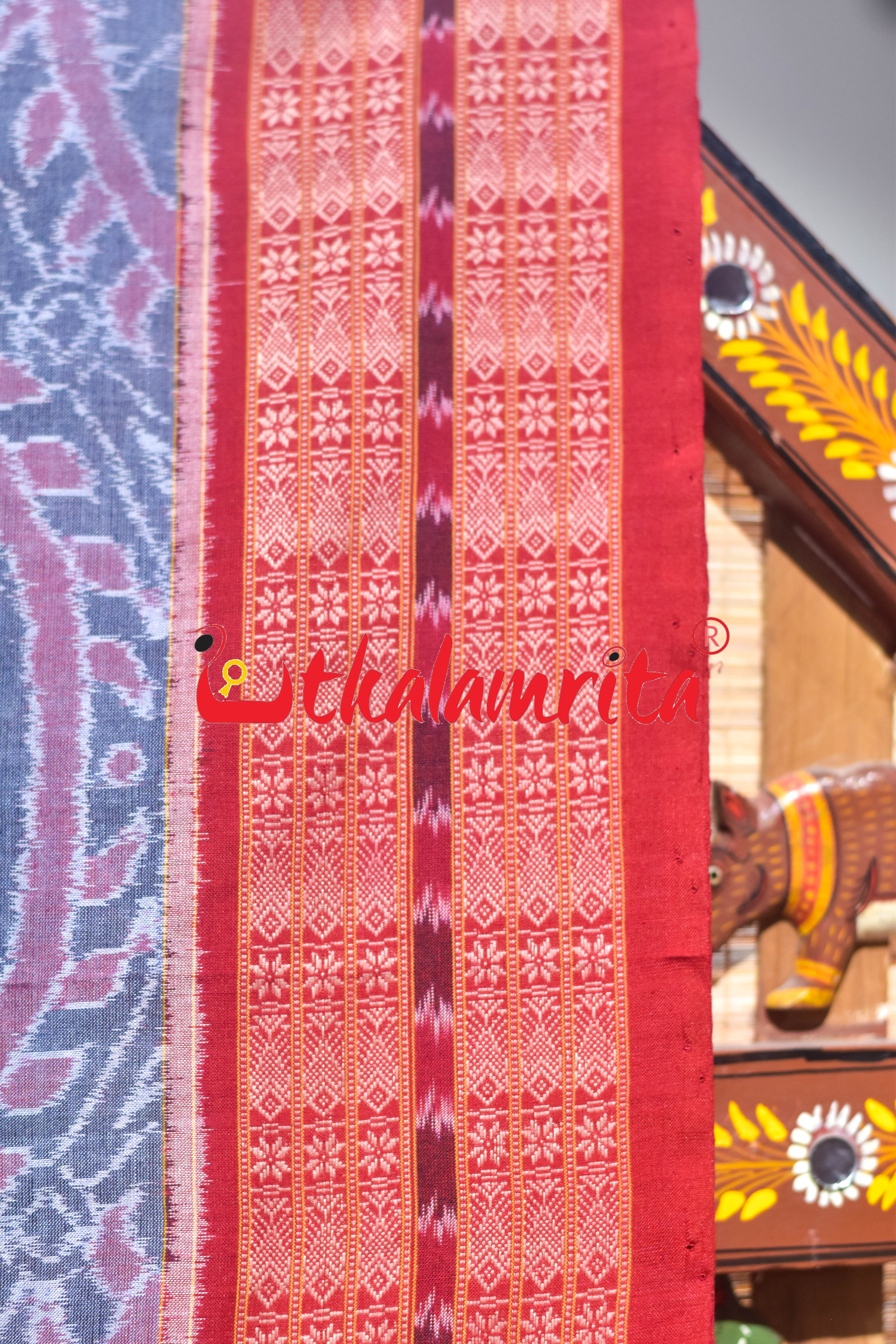 Grey Red Lion Parrot Sambalpuri Cotton Saree