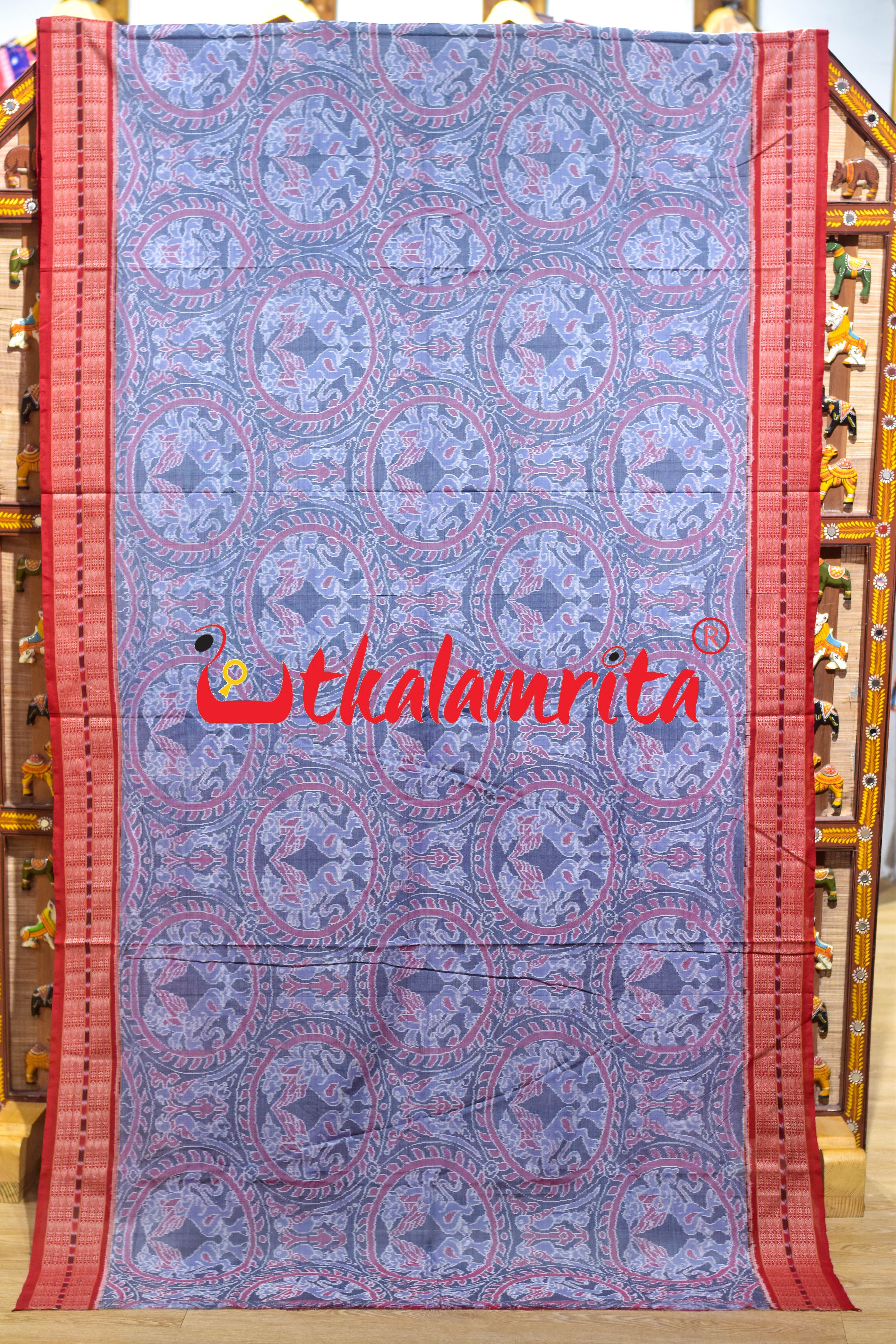 Grey Red Lion Parrot Sambalpuri Cotton Saree