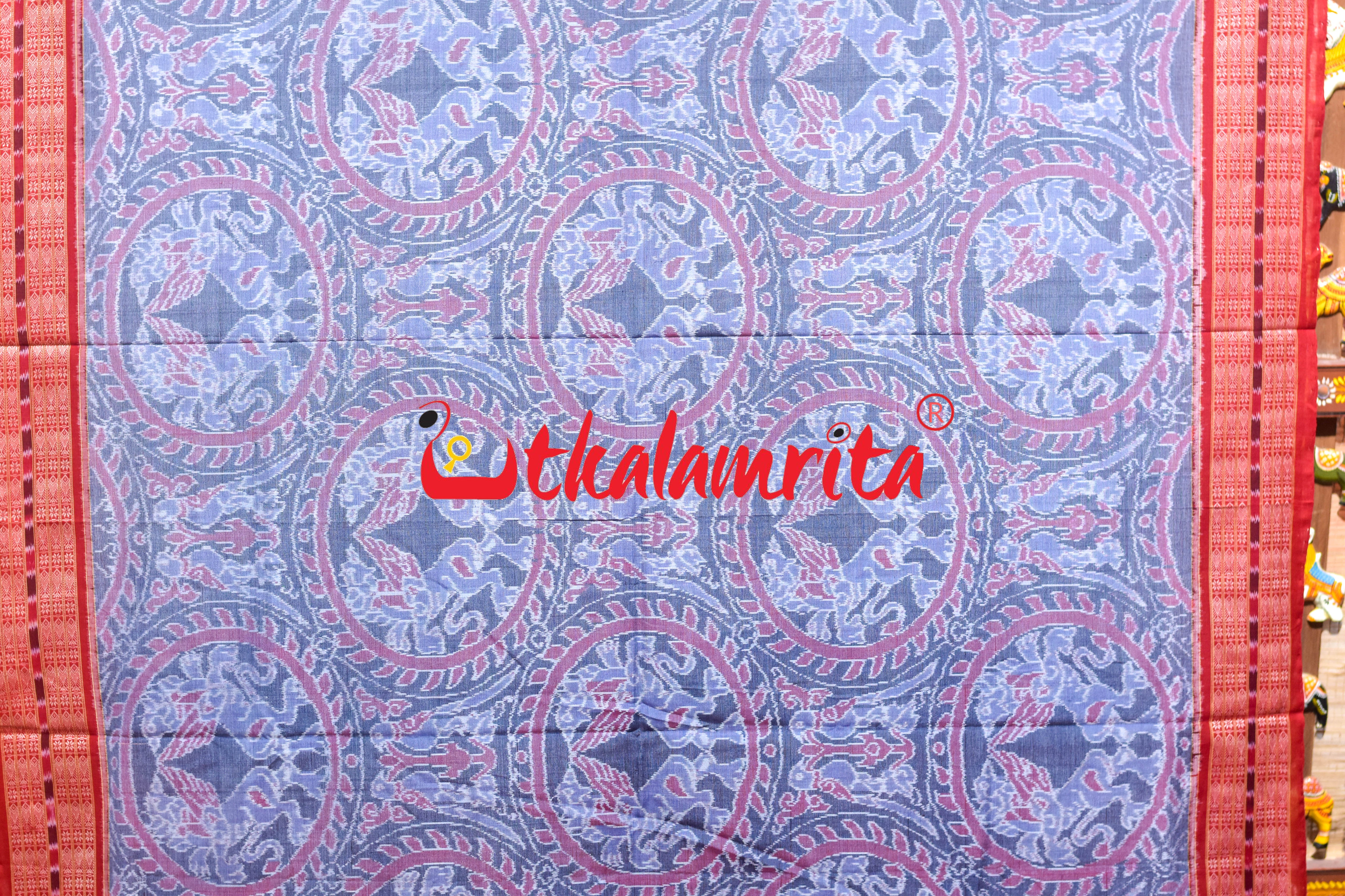 Grey Red Lion Parrot Sambalpuri Cotton Saree