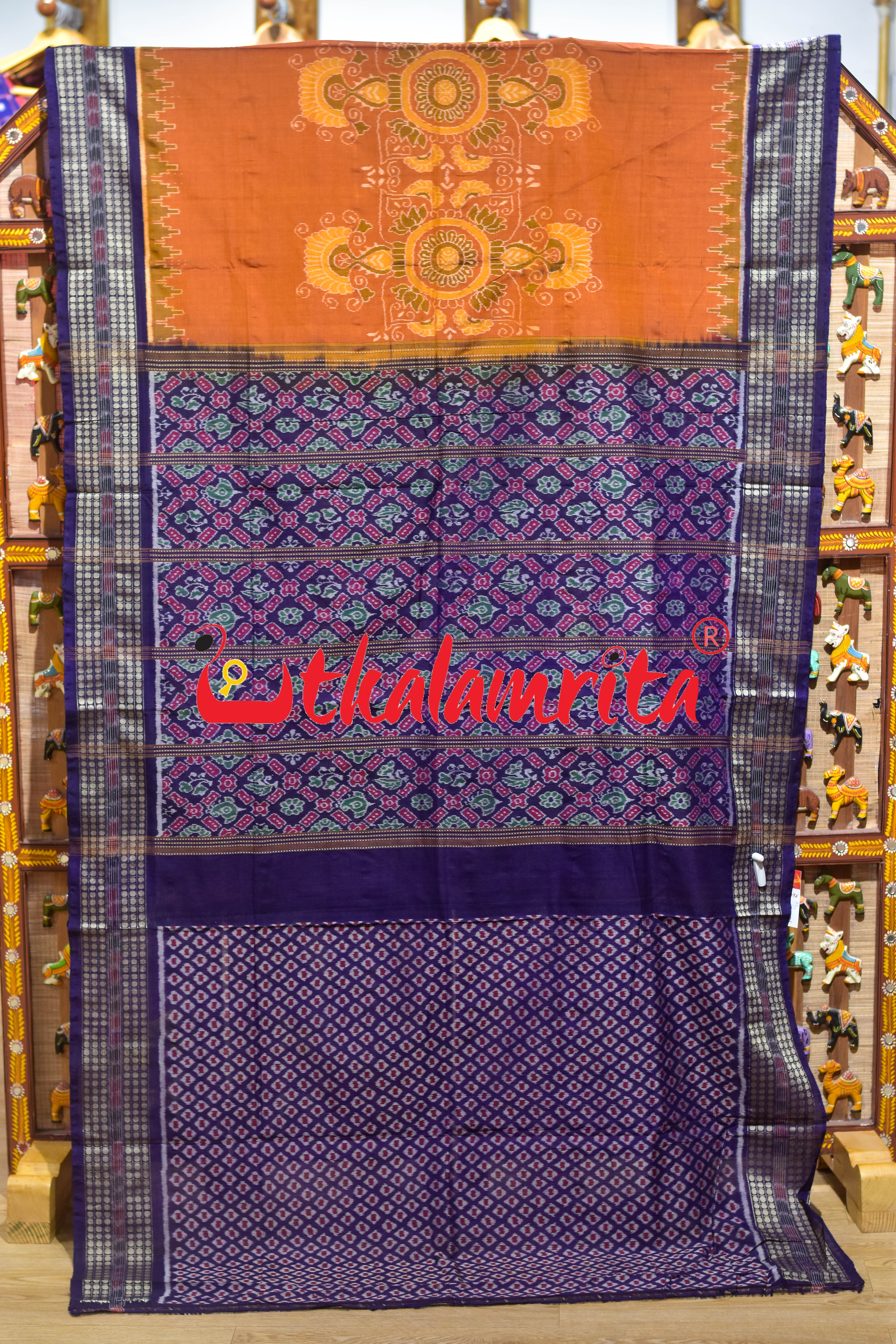 Mustard Blue Middle Jhoti Sambalpuri Cotton Saree