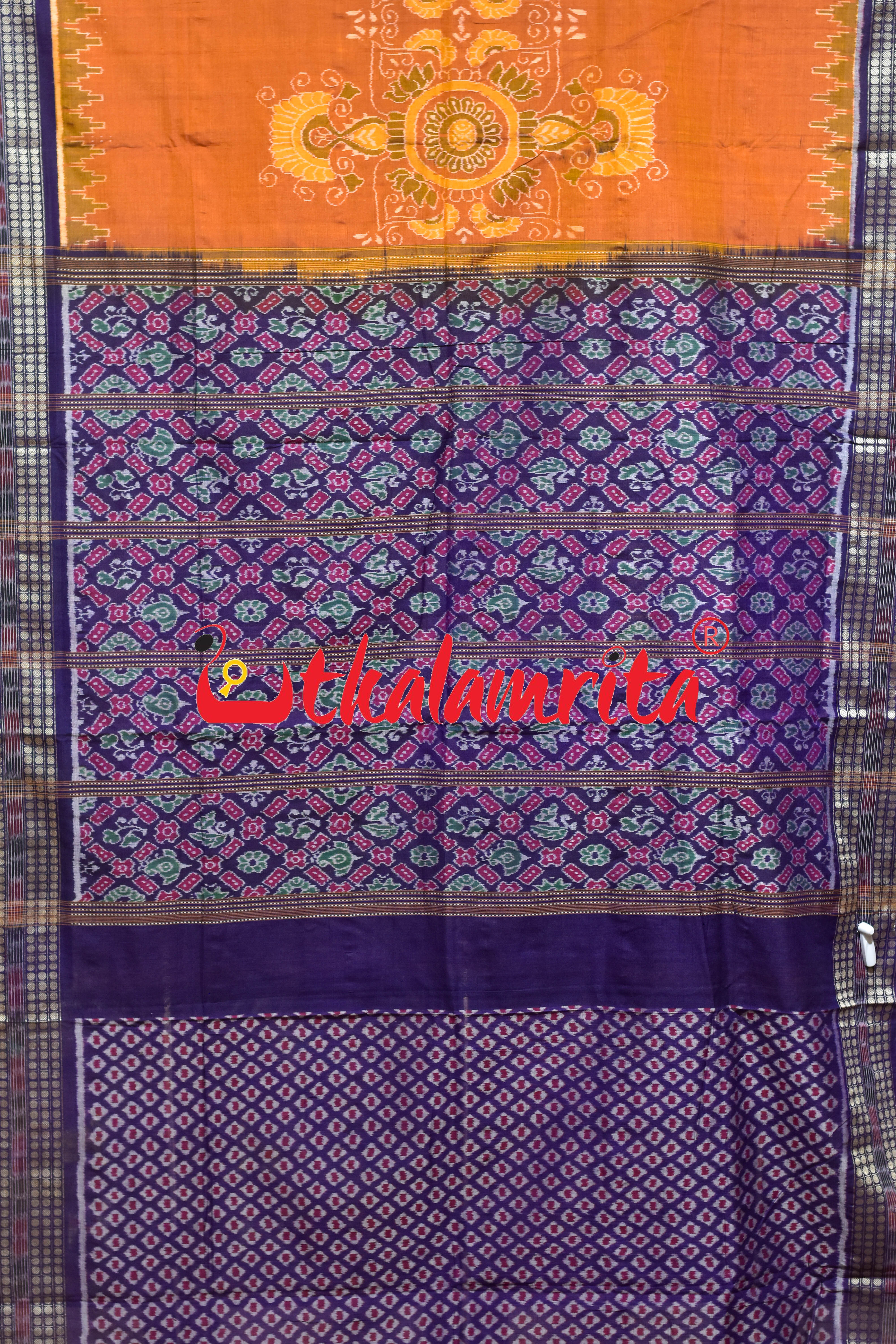 Mustard Blue Middle Jhoti Sambalpuri Cotton Saree