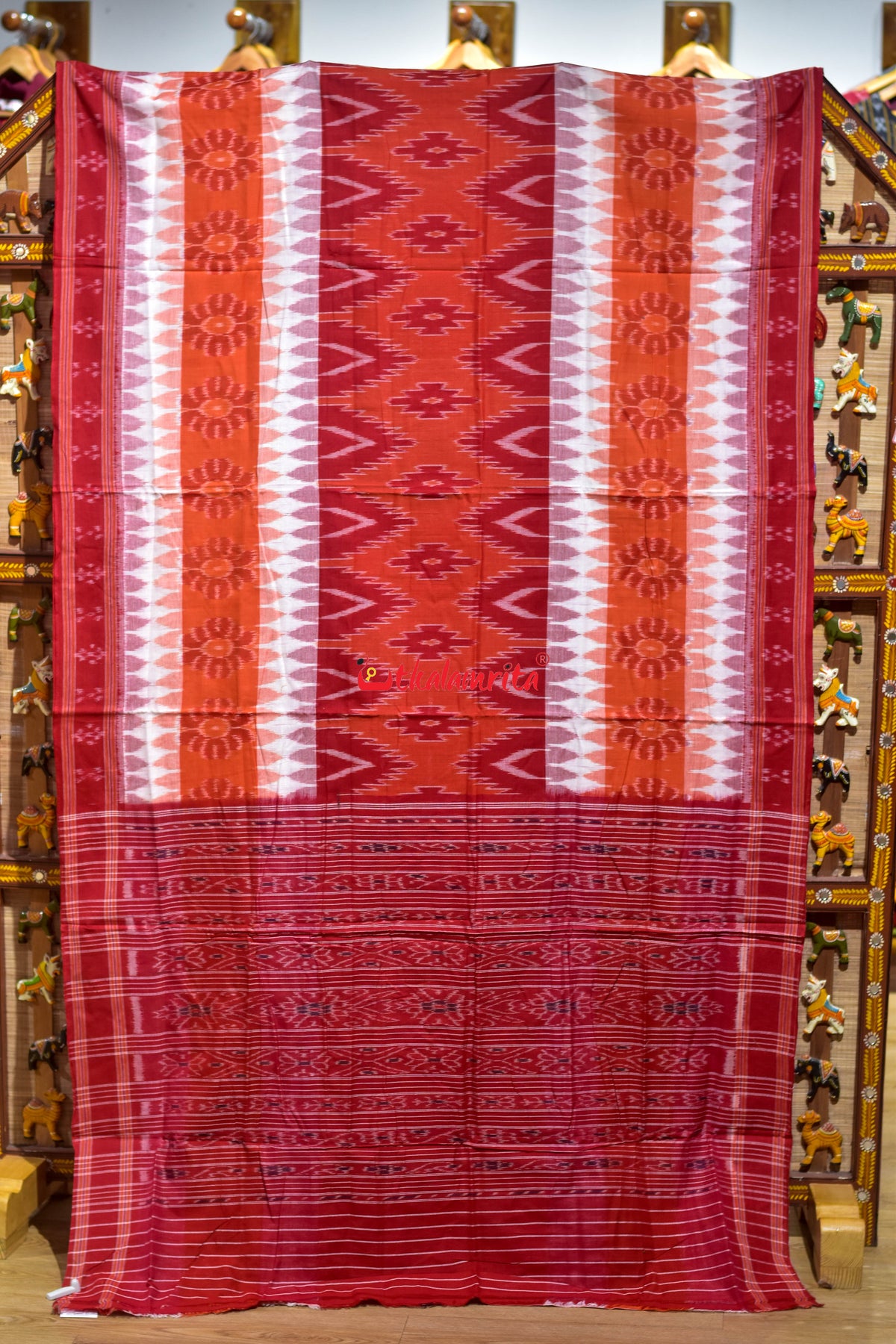White Orange 7D Body Bandha Khandua Cotton Saree