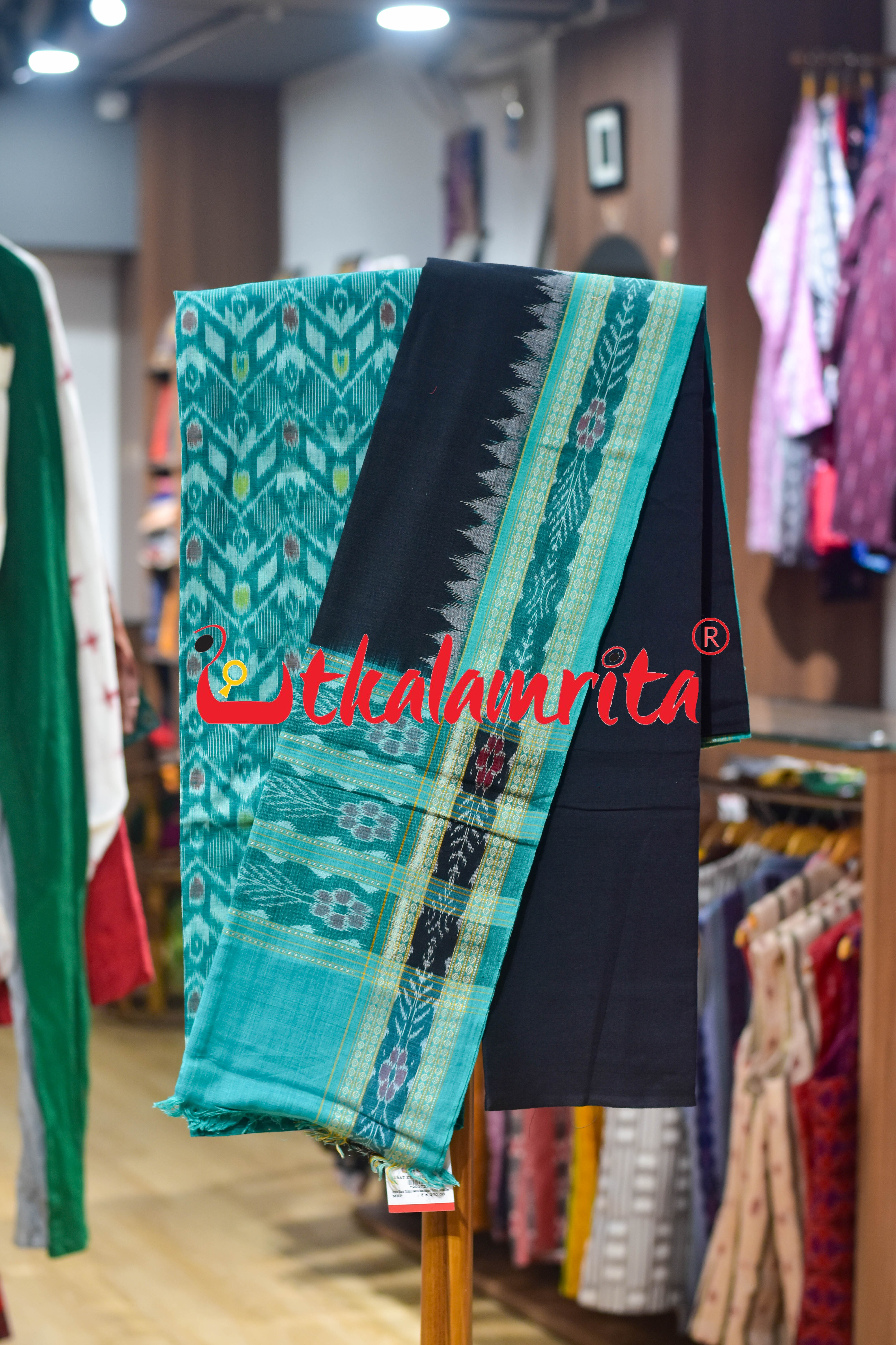 Green Black Thikiri Waves Sambalpuri Cotton Dress Set