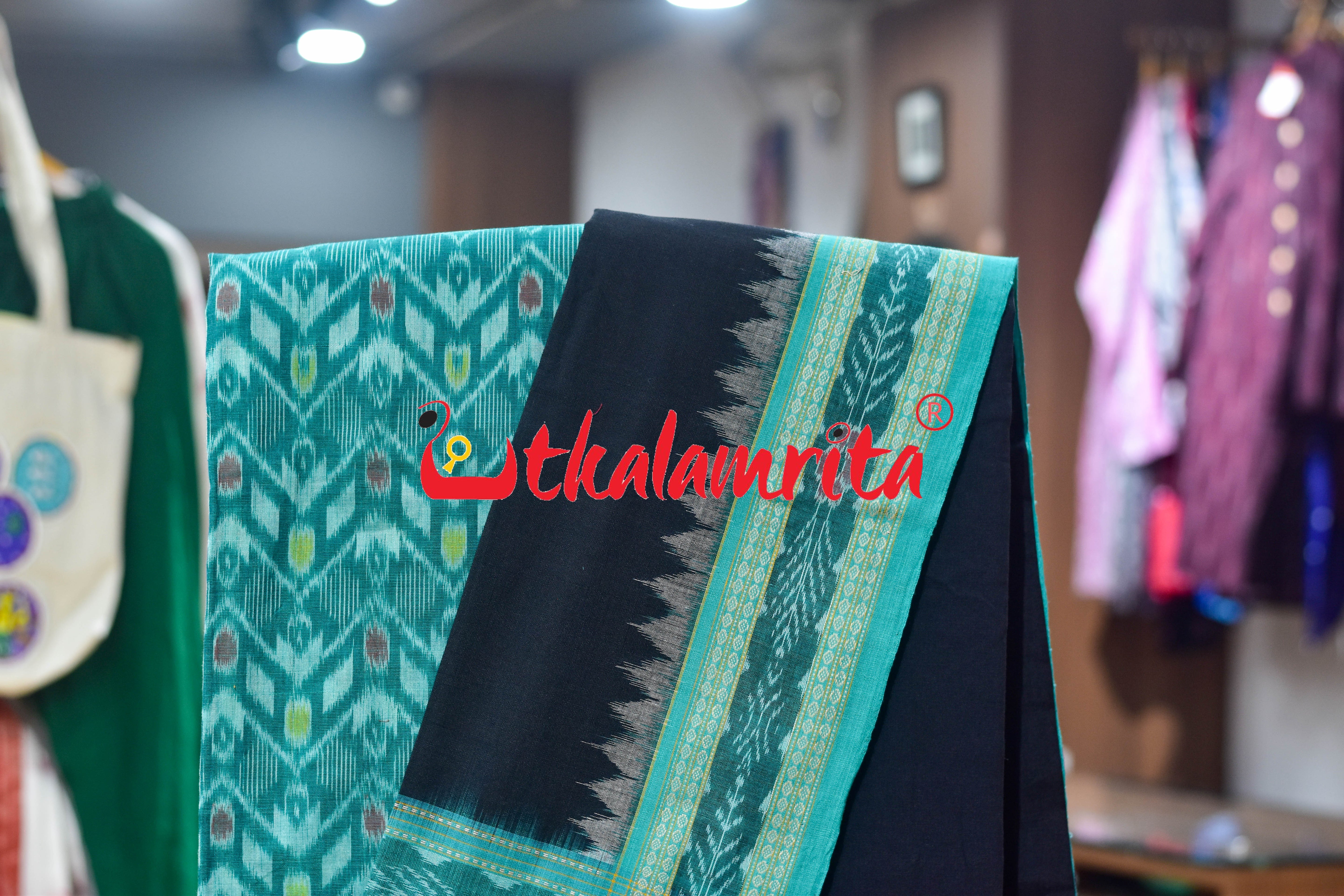 Green Black Thikiri Waves Sambalpuri Cotton Dress Set