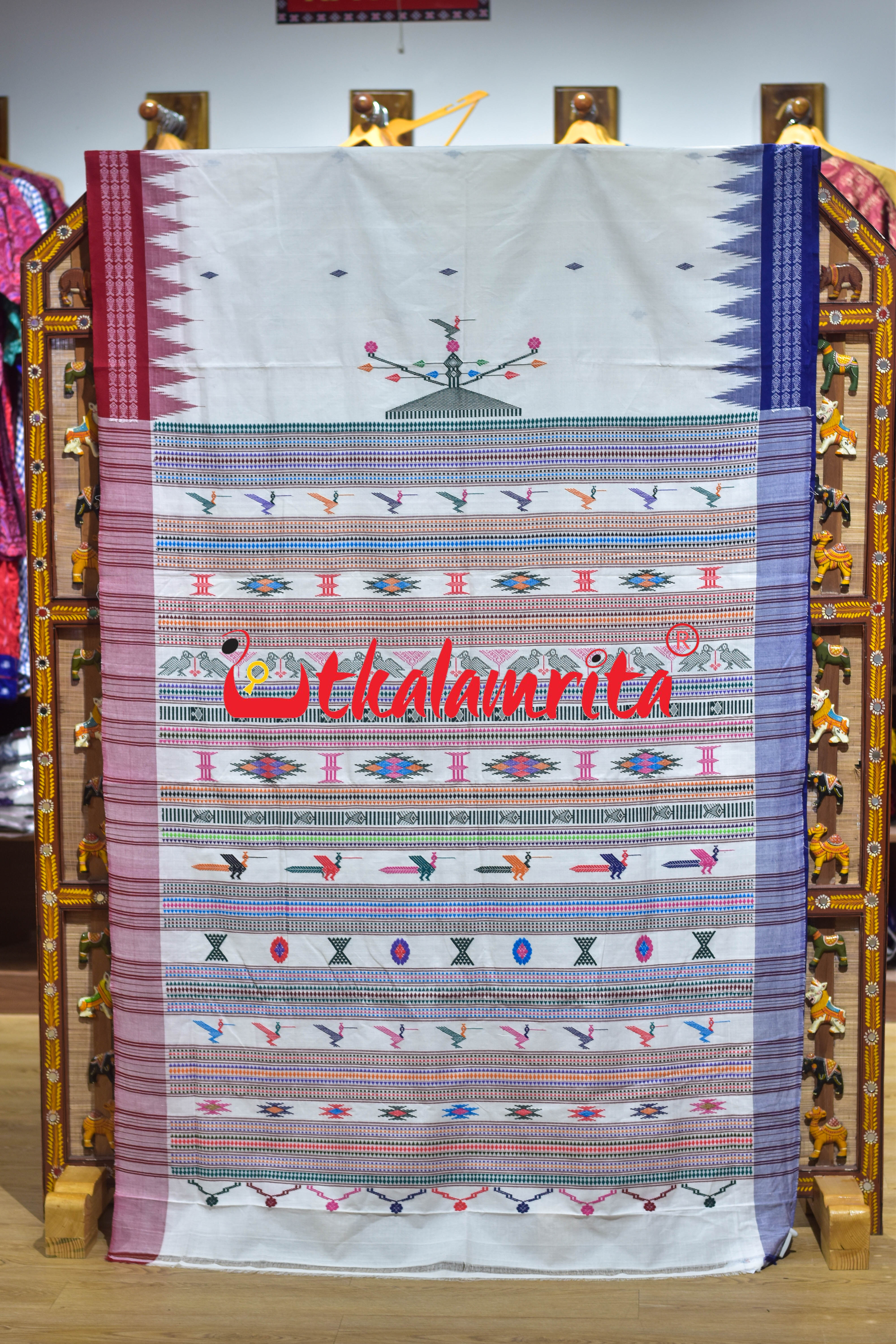 White Double Border Ganjam Bomkai Cotton Saree