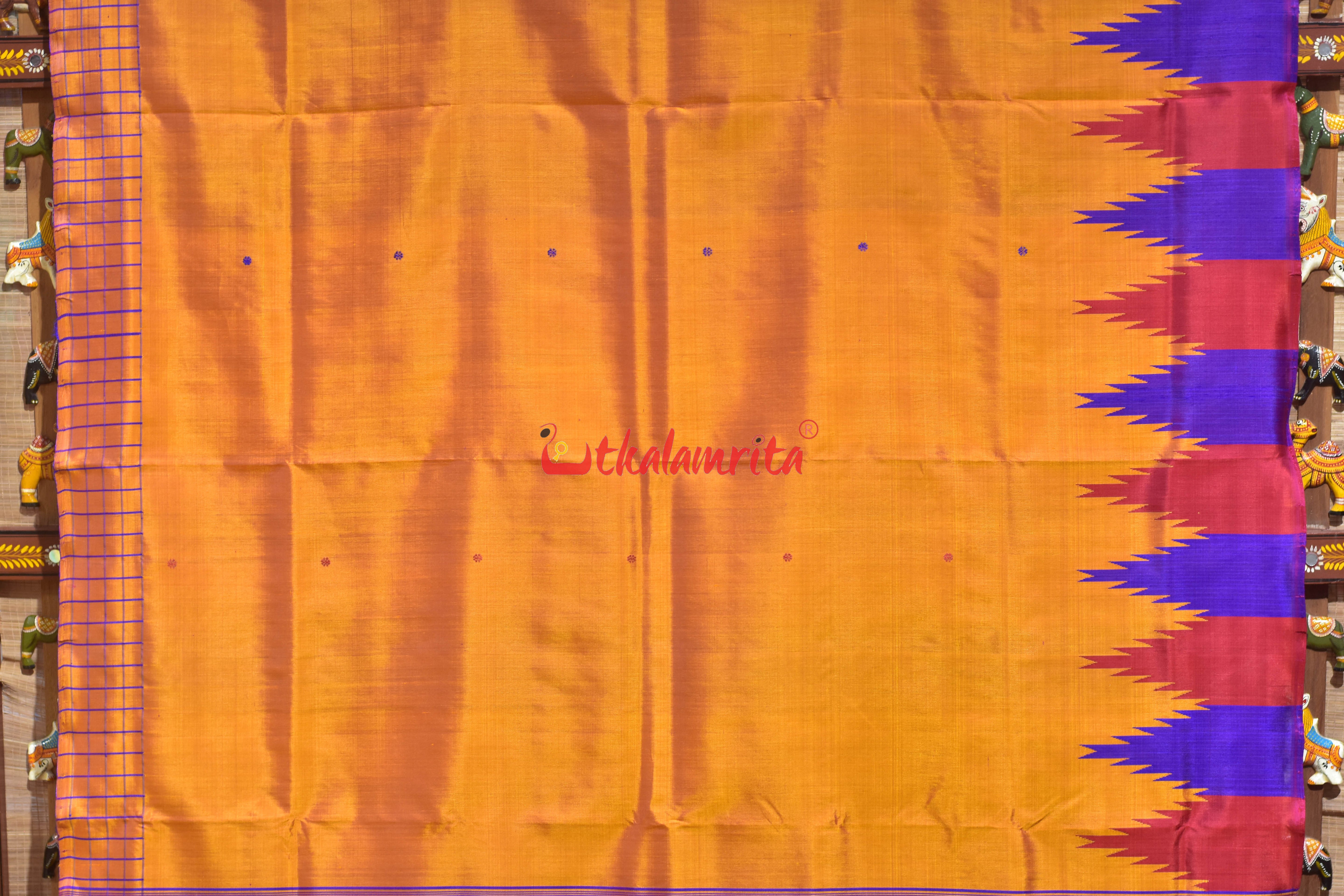 Orange with Multicolor Temple Border Double Anchal Berhampuri Silk Saree