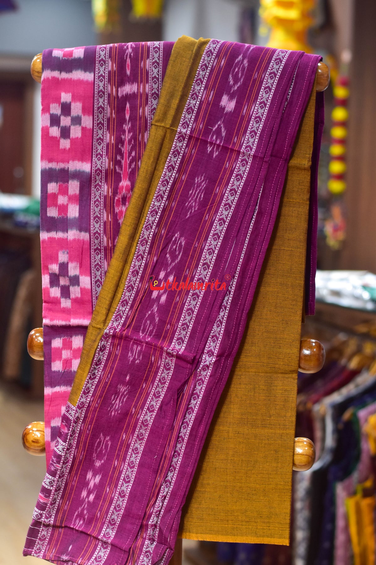 Magenta Golden Middle Pasapali Flower Ikat Dress Set
