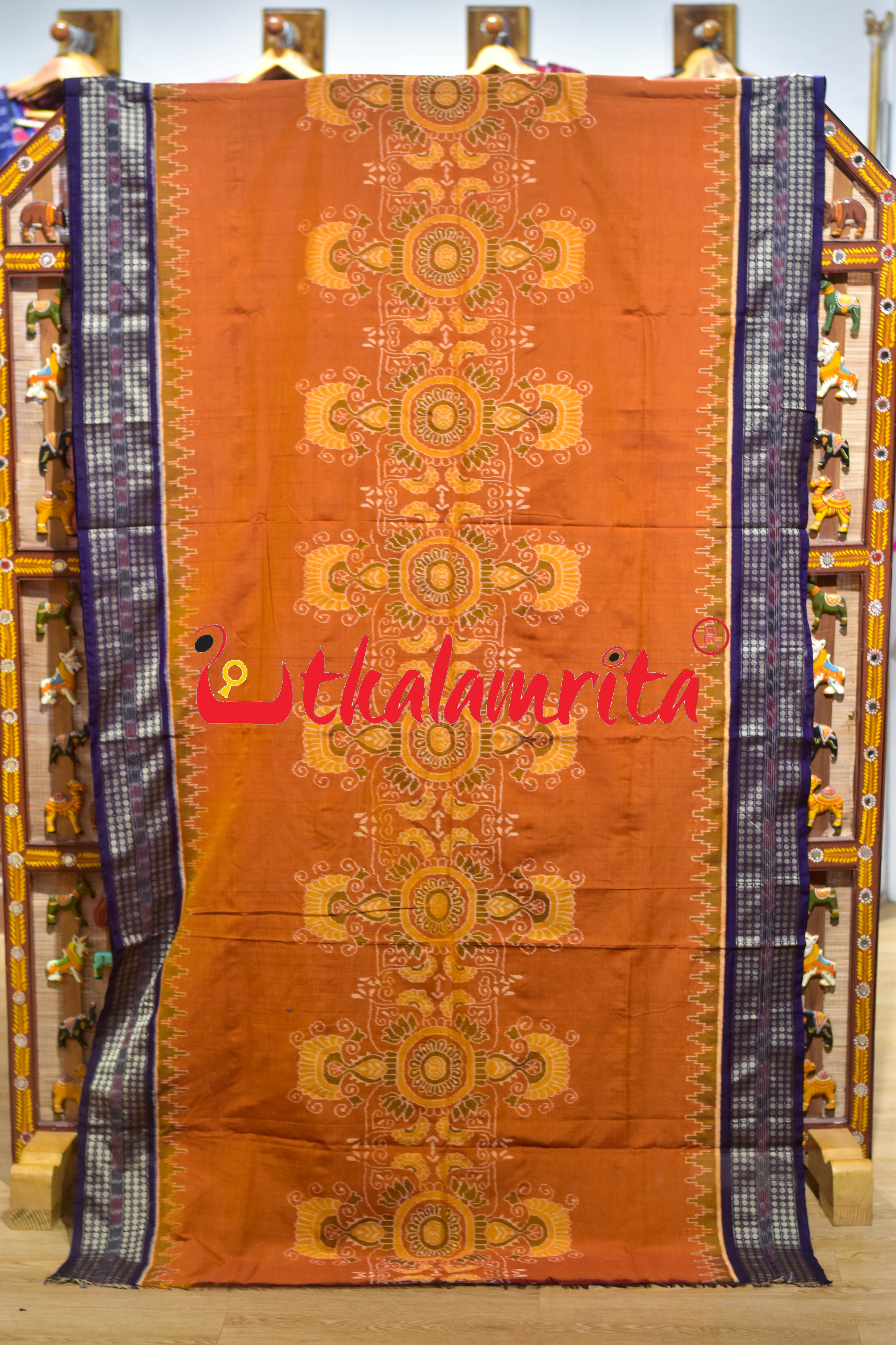 Mustard Blue Middle Jhoti Sambalpuri Cotton Saree