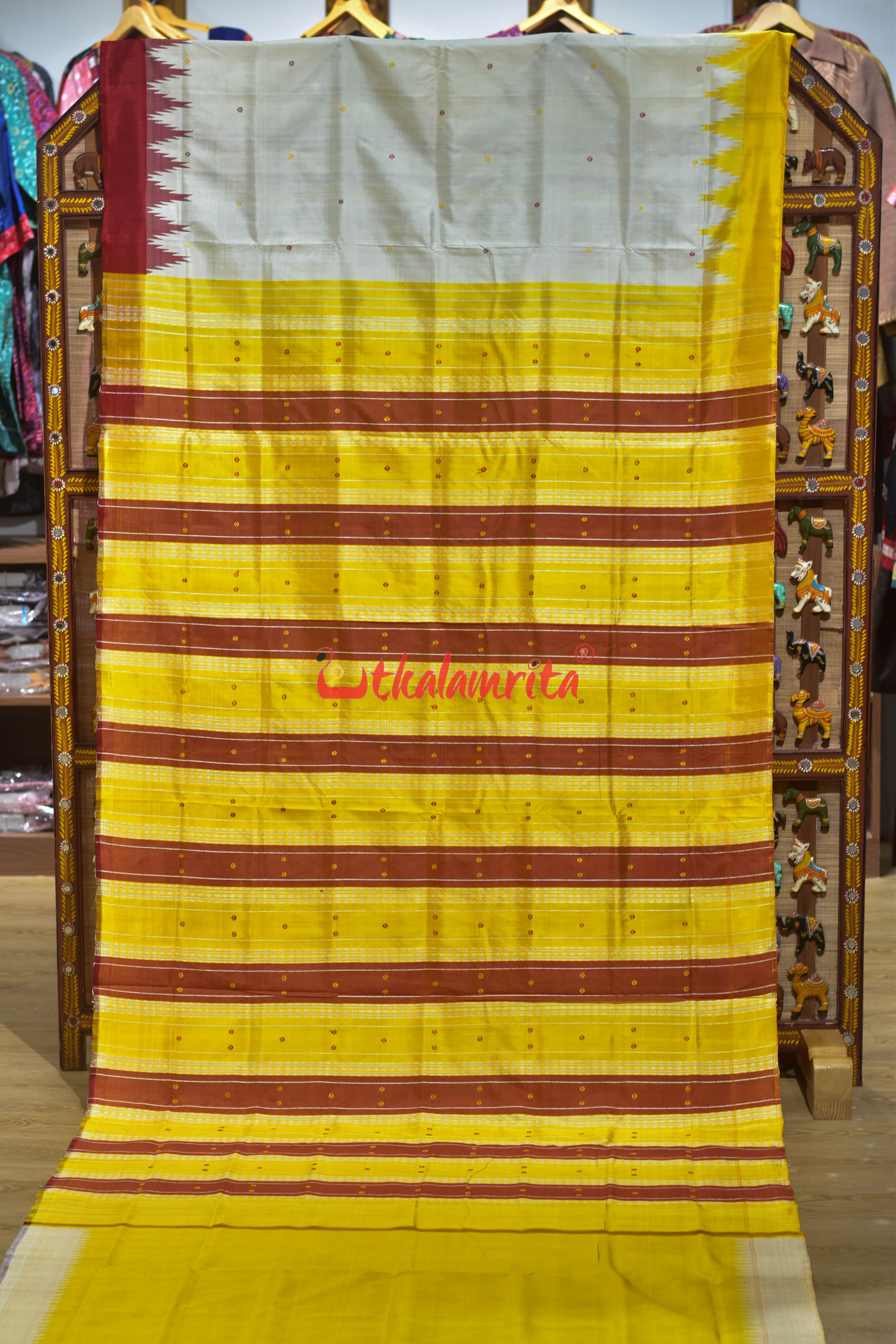 White Red Yellow Double Anchal Berhampuri Silk Saree