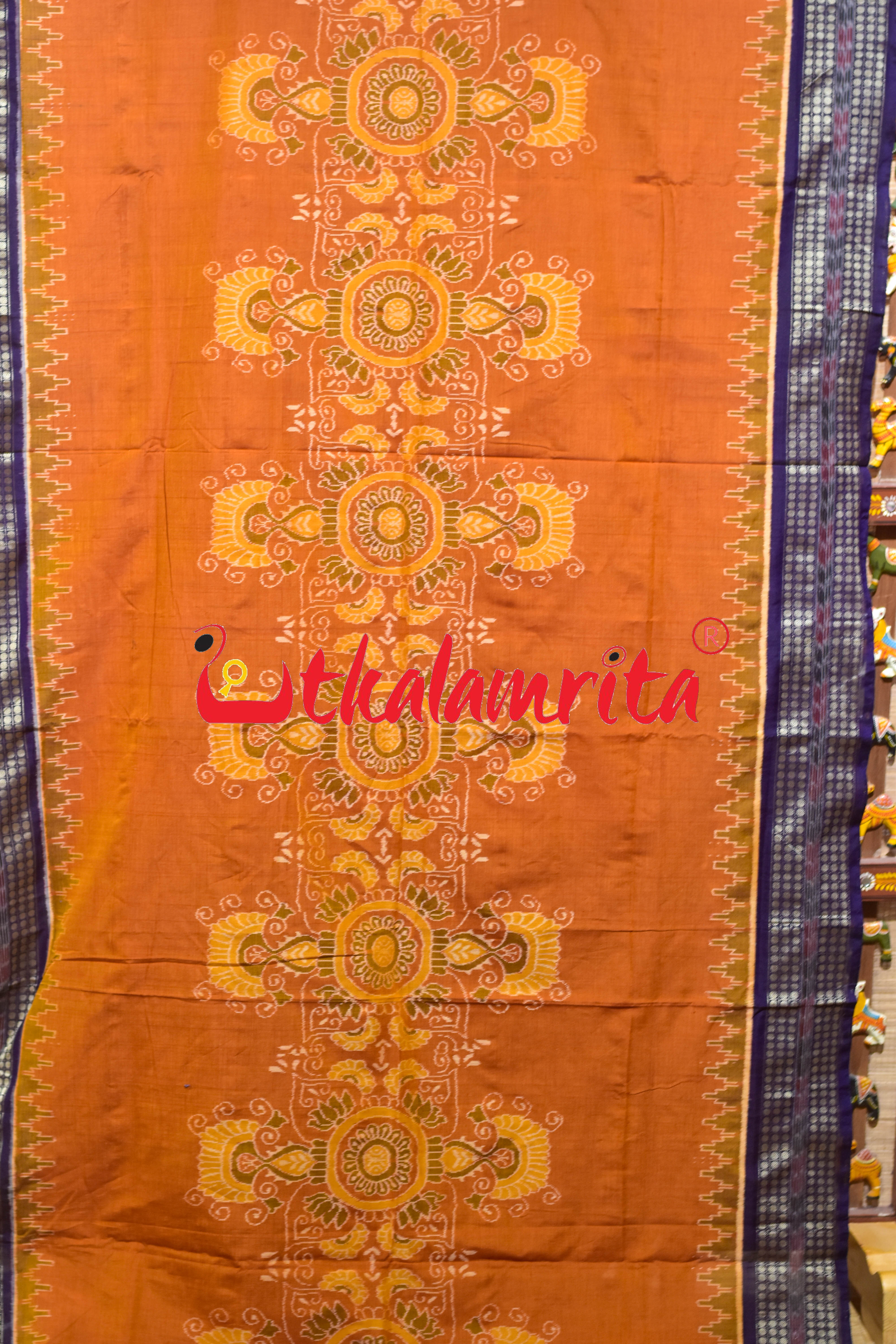 Mustard Blue Middle Jhoti Sambalpuri Cotton Saree