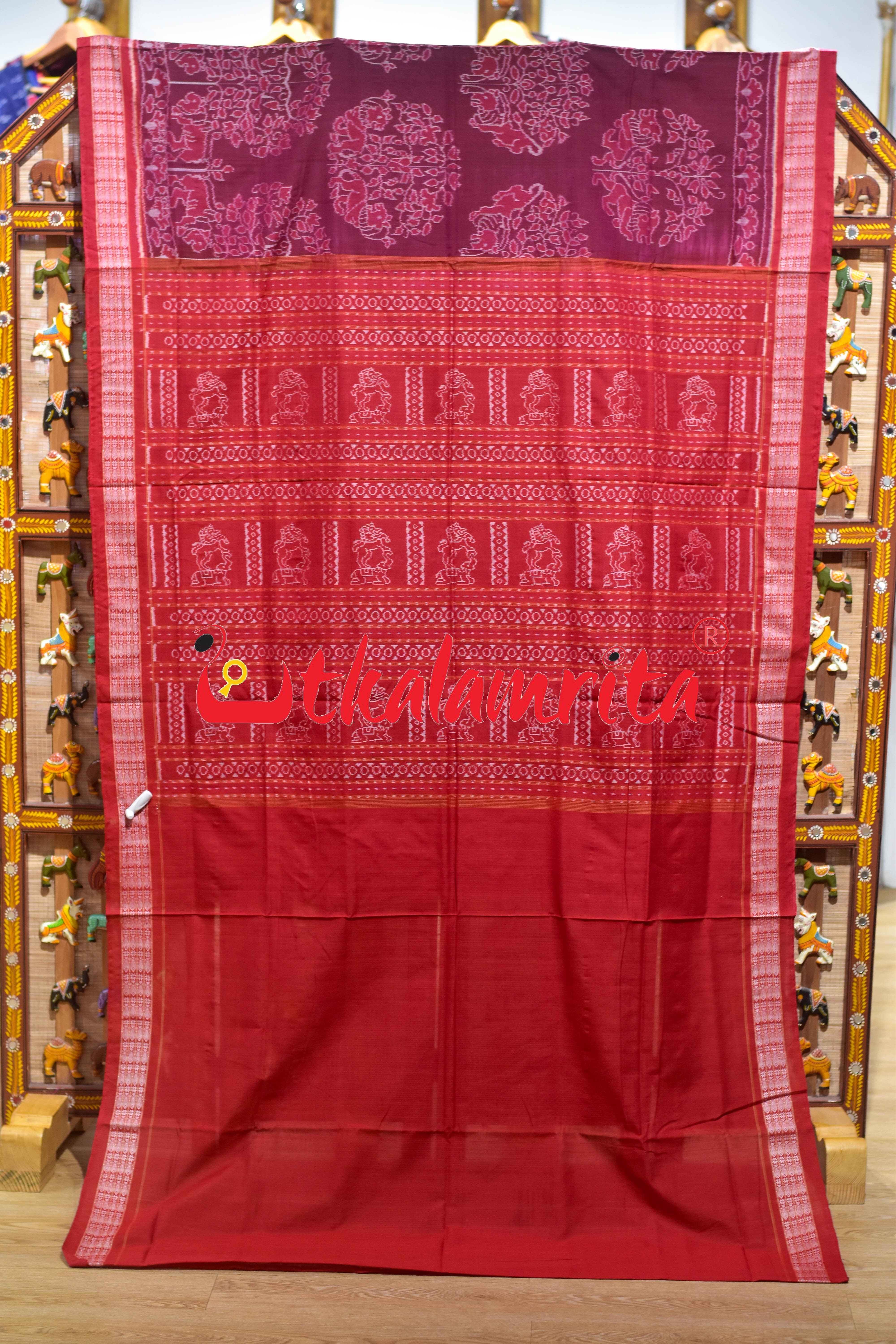 Maroon Red Tree of Life Sambalpuri Cotton Saree