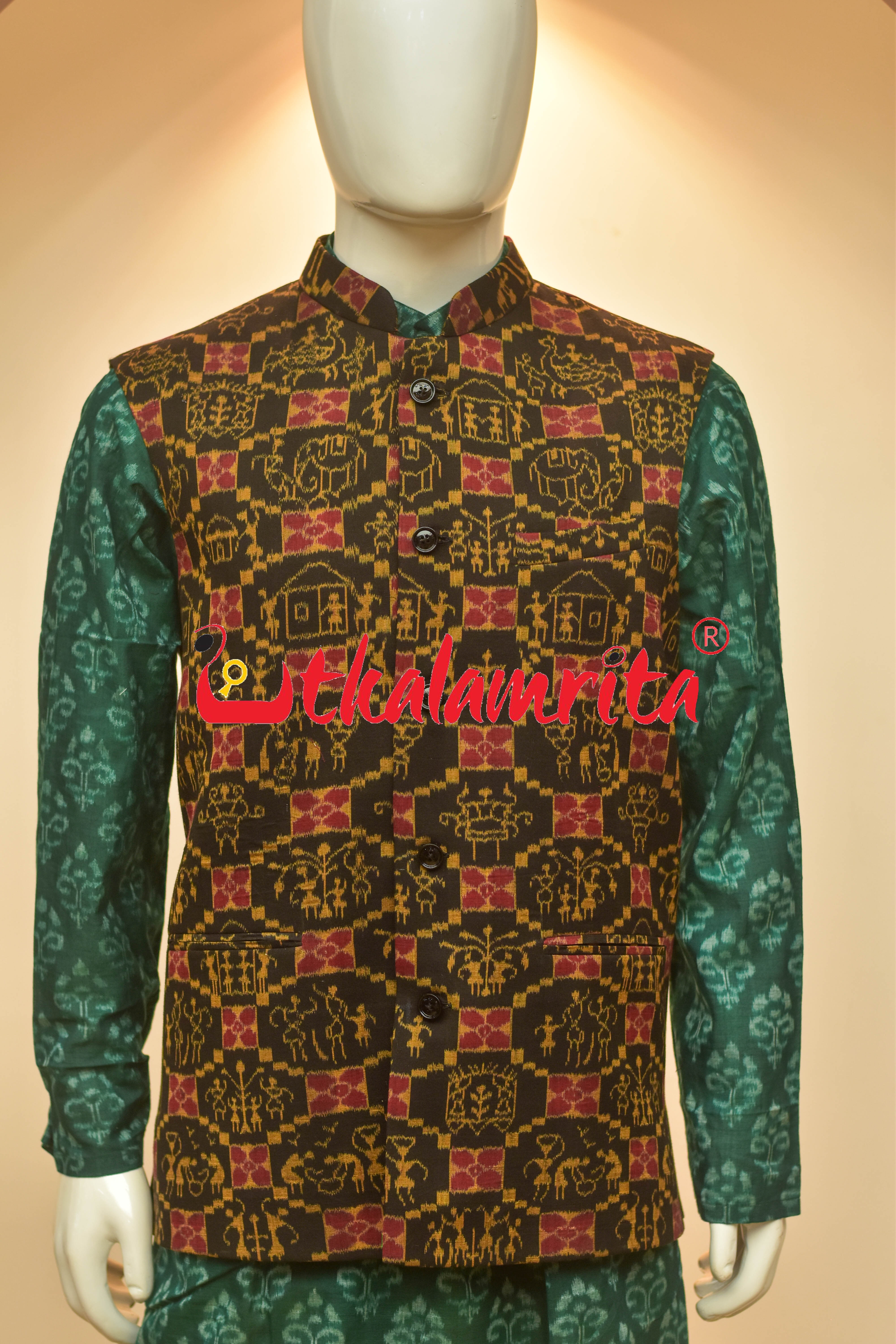Black Mustard Tribal Theme Sambalpuri Cotton (Men's Jacket)