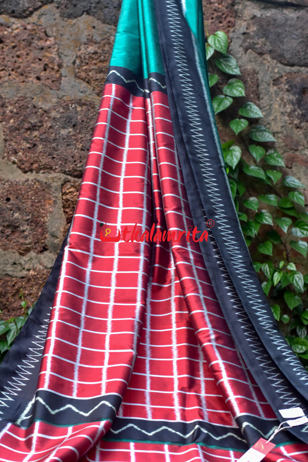 Emerald Green Red Chess Pallu Khandua Silk Saree