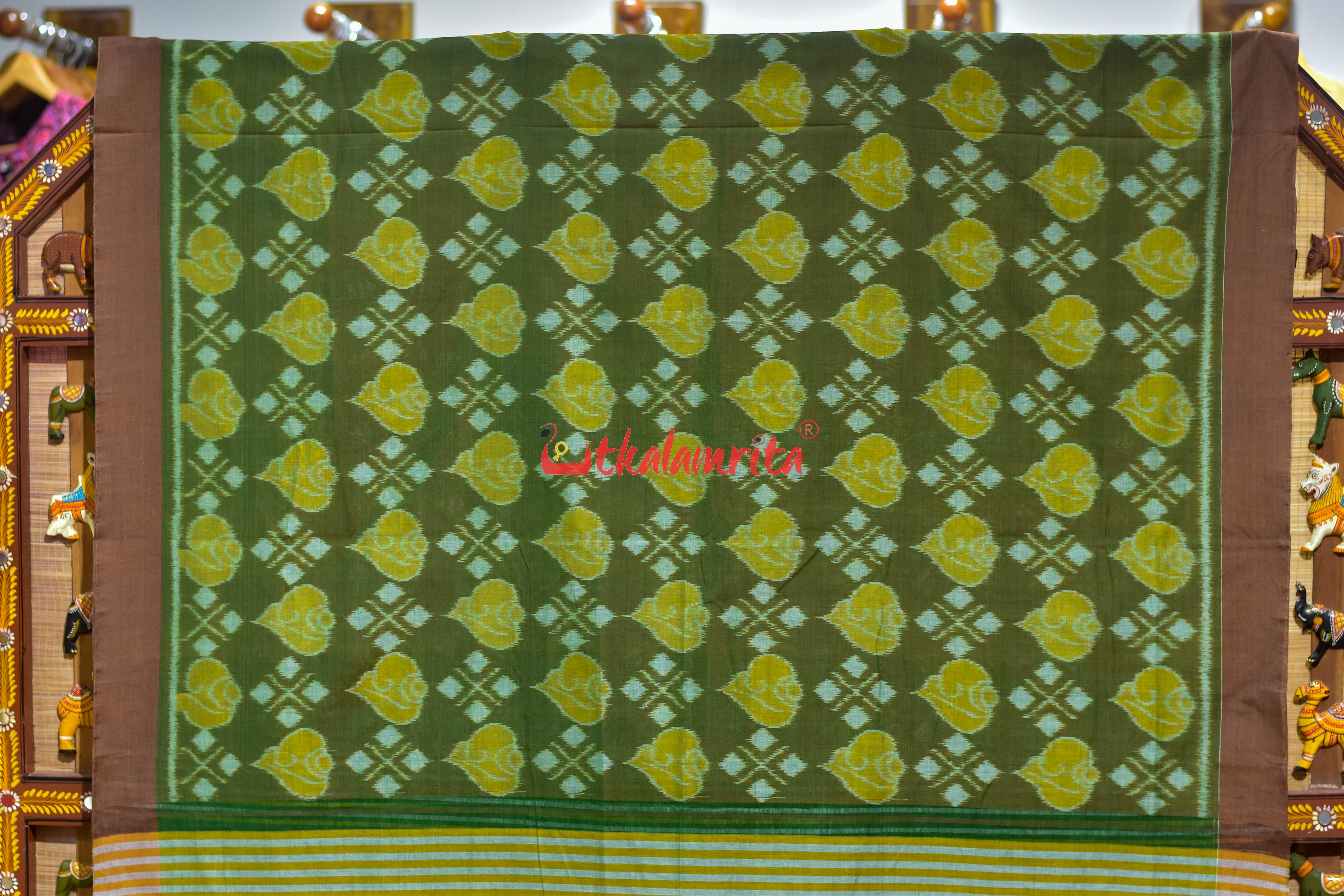 Mehndi Yellow Sankha Khandua Cotton Saree