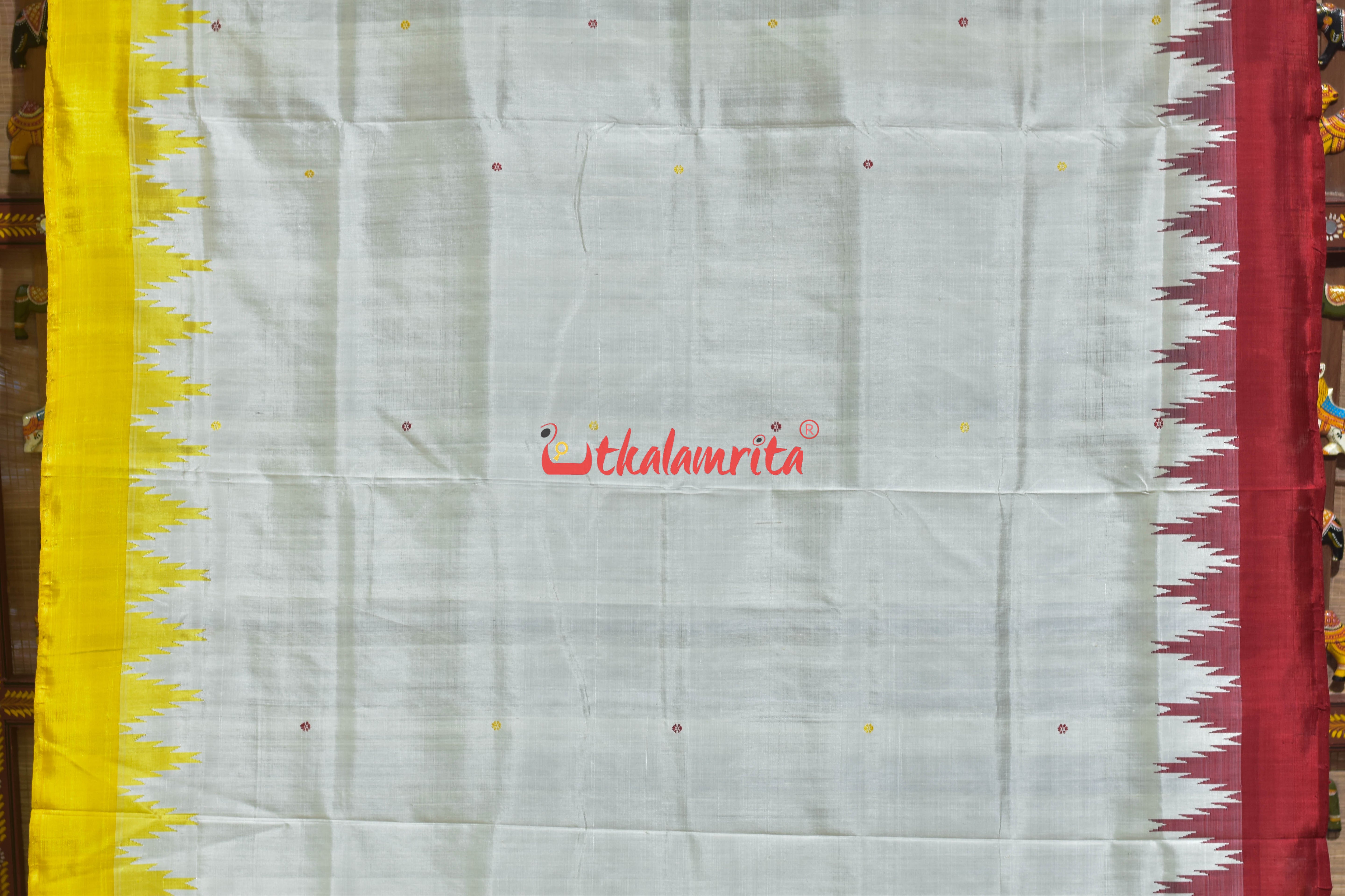 White Red Yellow Double Anchal Berhampuri Silk Saree