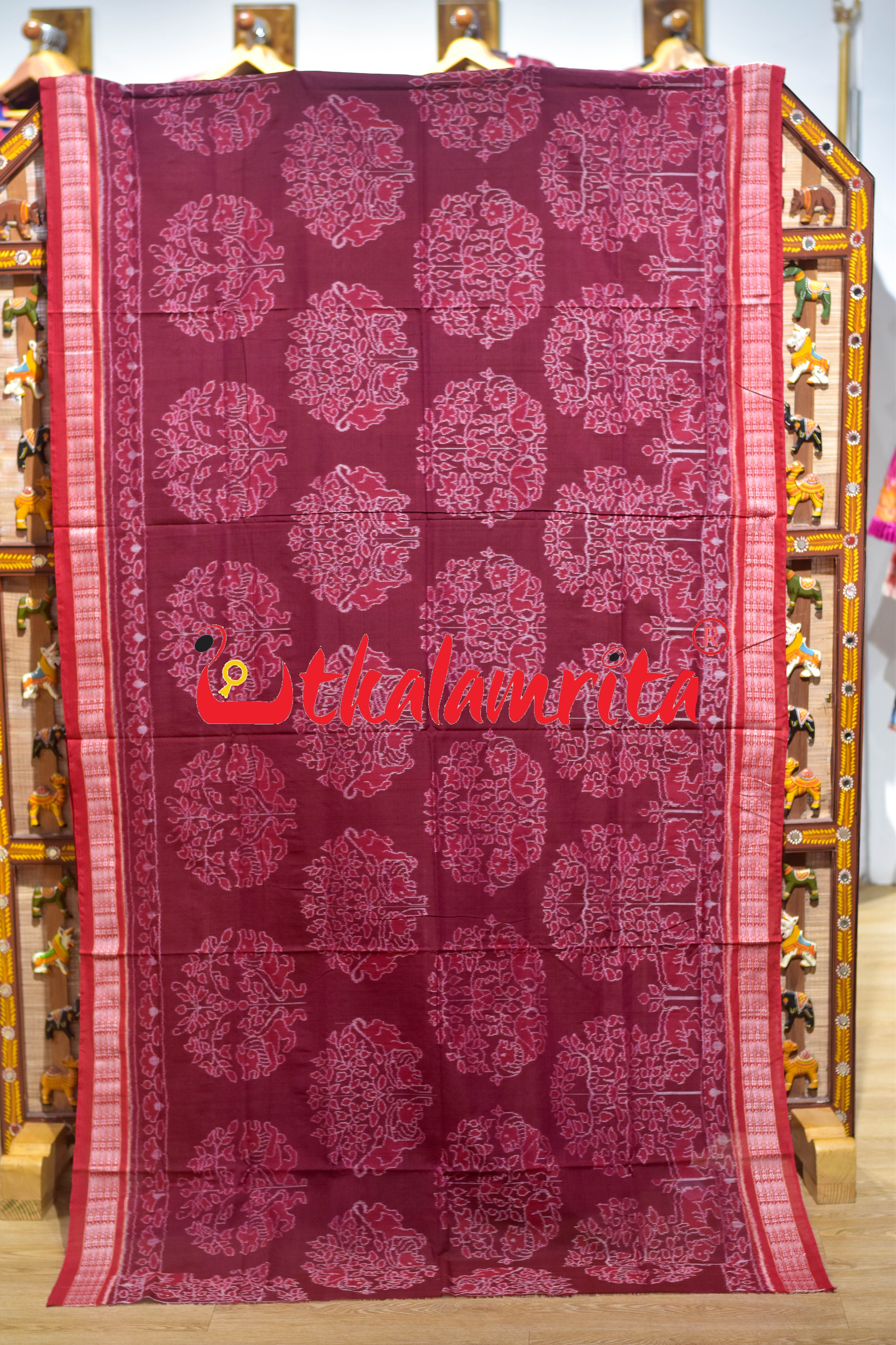 Maroon Red Tree of Life Sambalpuri Cotton Saree