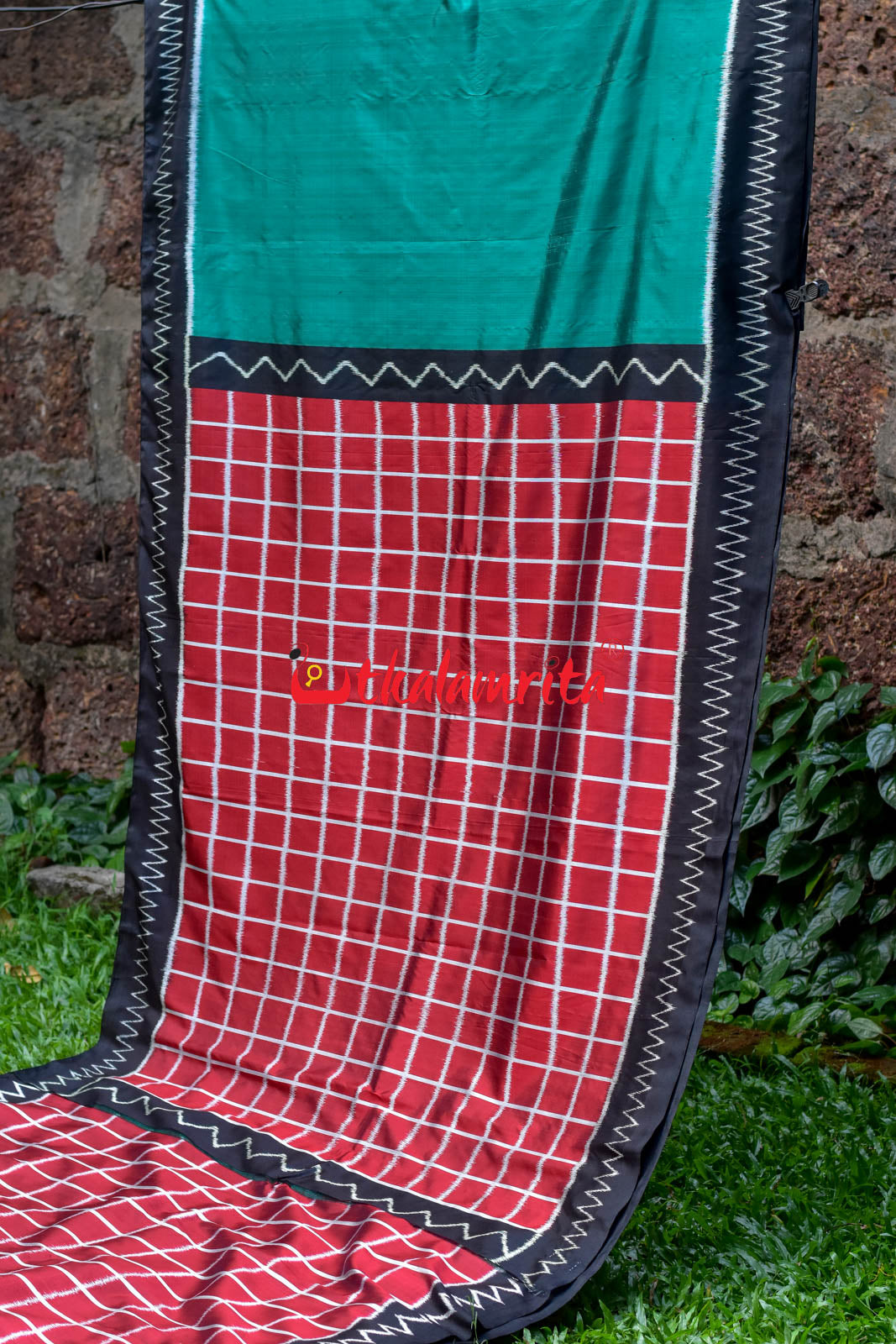Emerald Green Red Chess Pallu Khandua Silk Saree