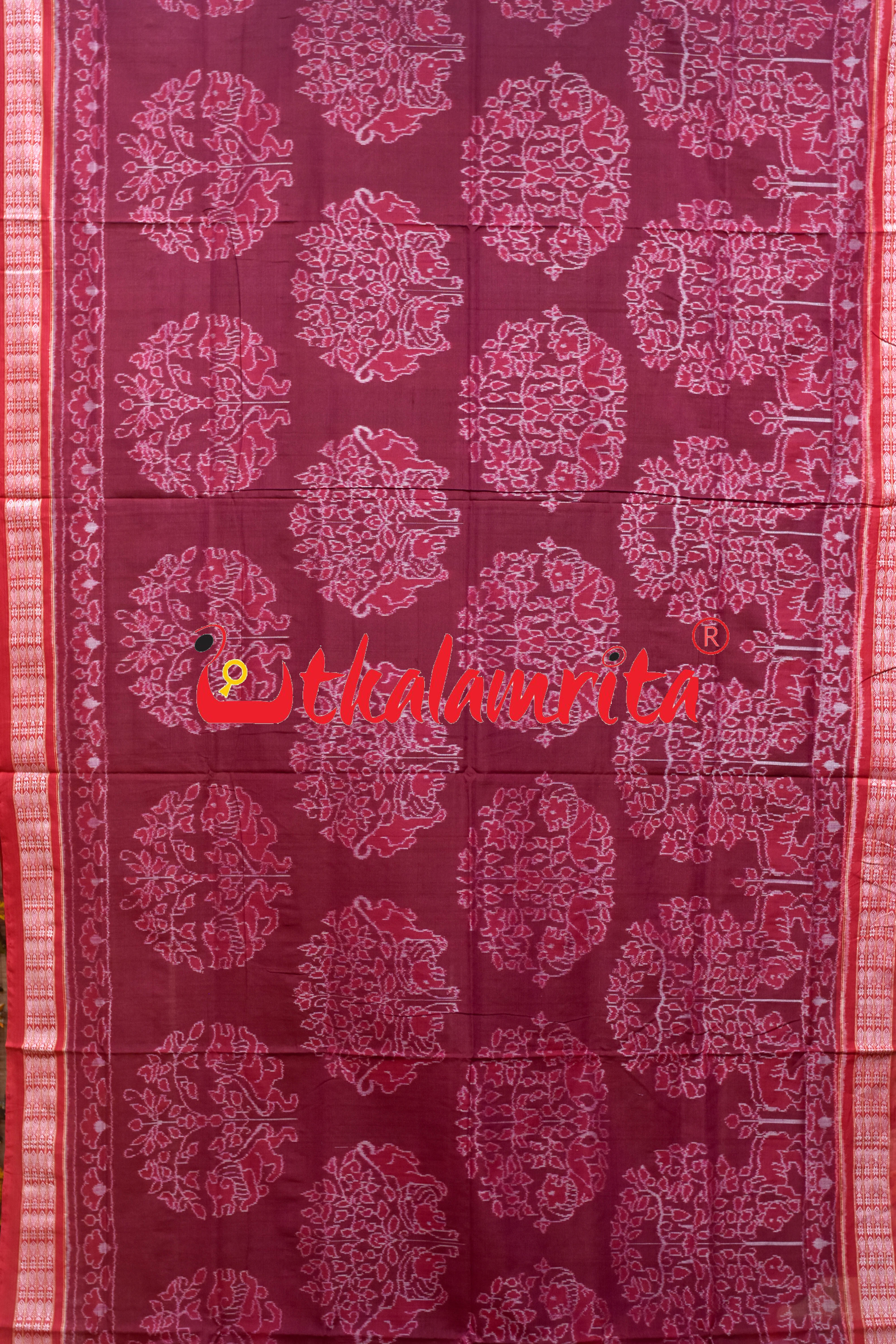Maroon Red Tree of Life Sambalpuri Cotton Saree