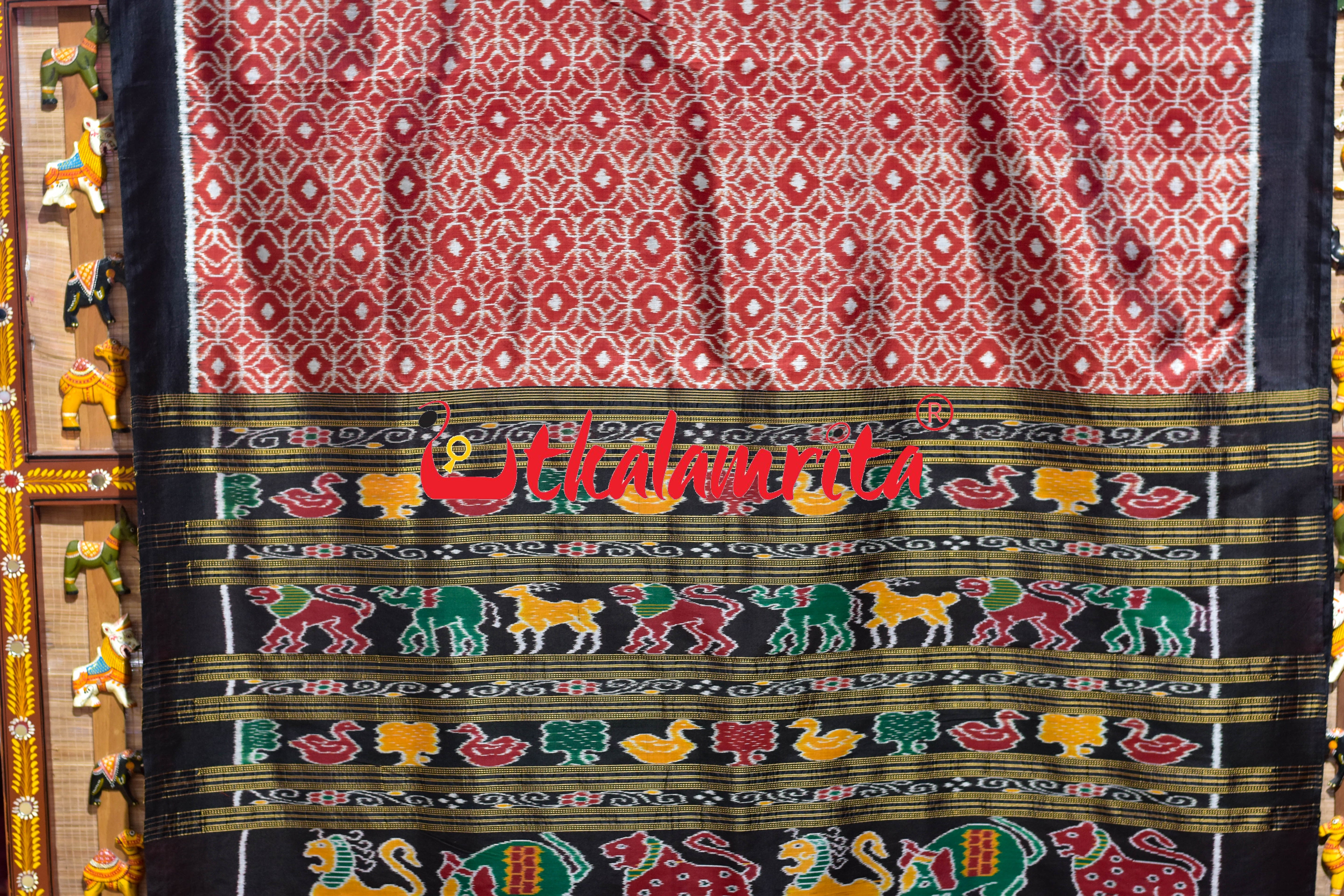 Rust Black Lining Dotted Khandua Silk Saree