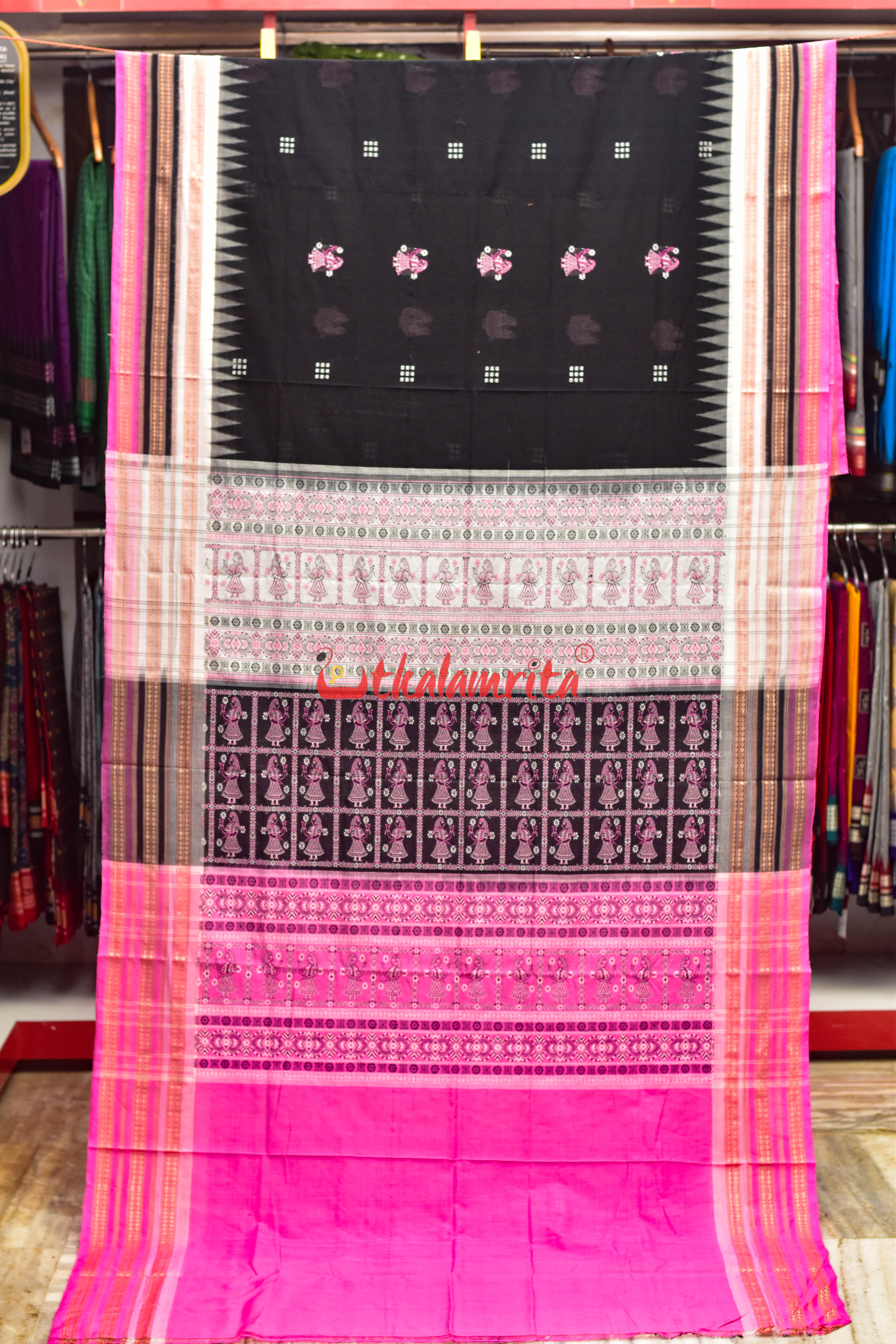 Black Pink Doll Bomkai Double Chaal Cotton Saree