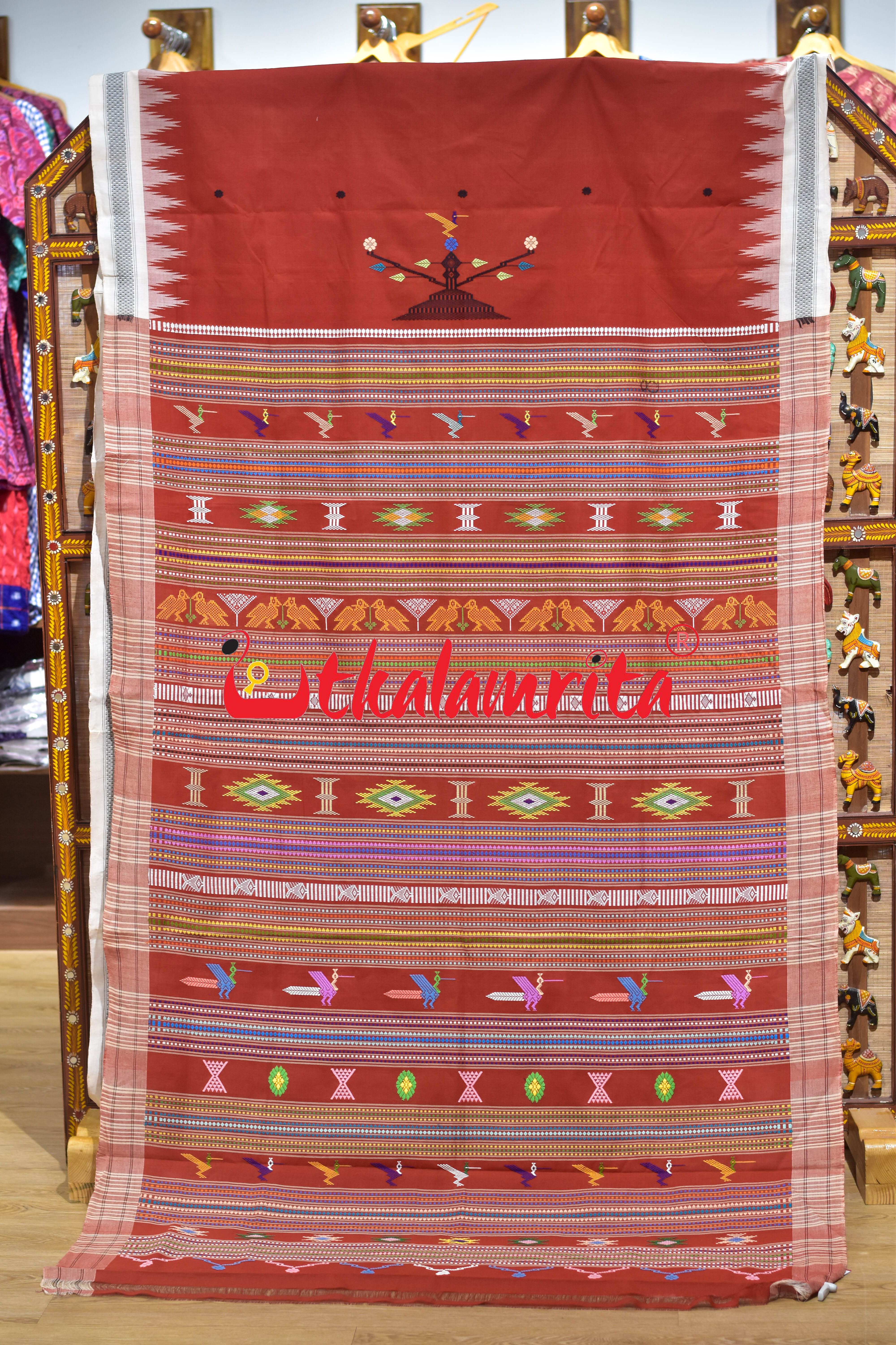 Rust White Border Ganjam Bomkai Cotton Saree