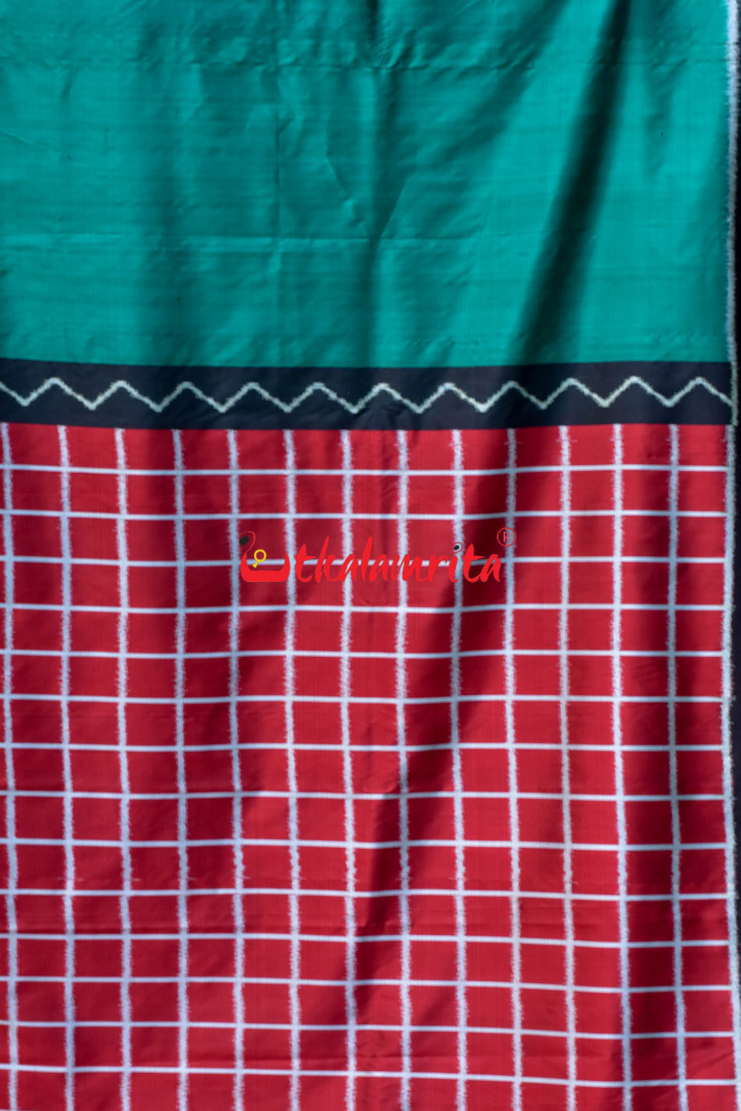 Emerald Green Red Chess Pallu Khandua Silk Saree