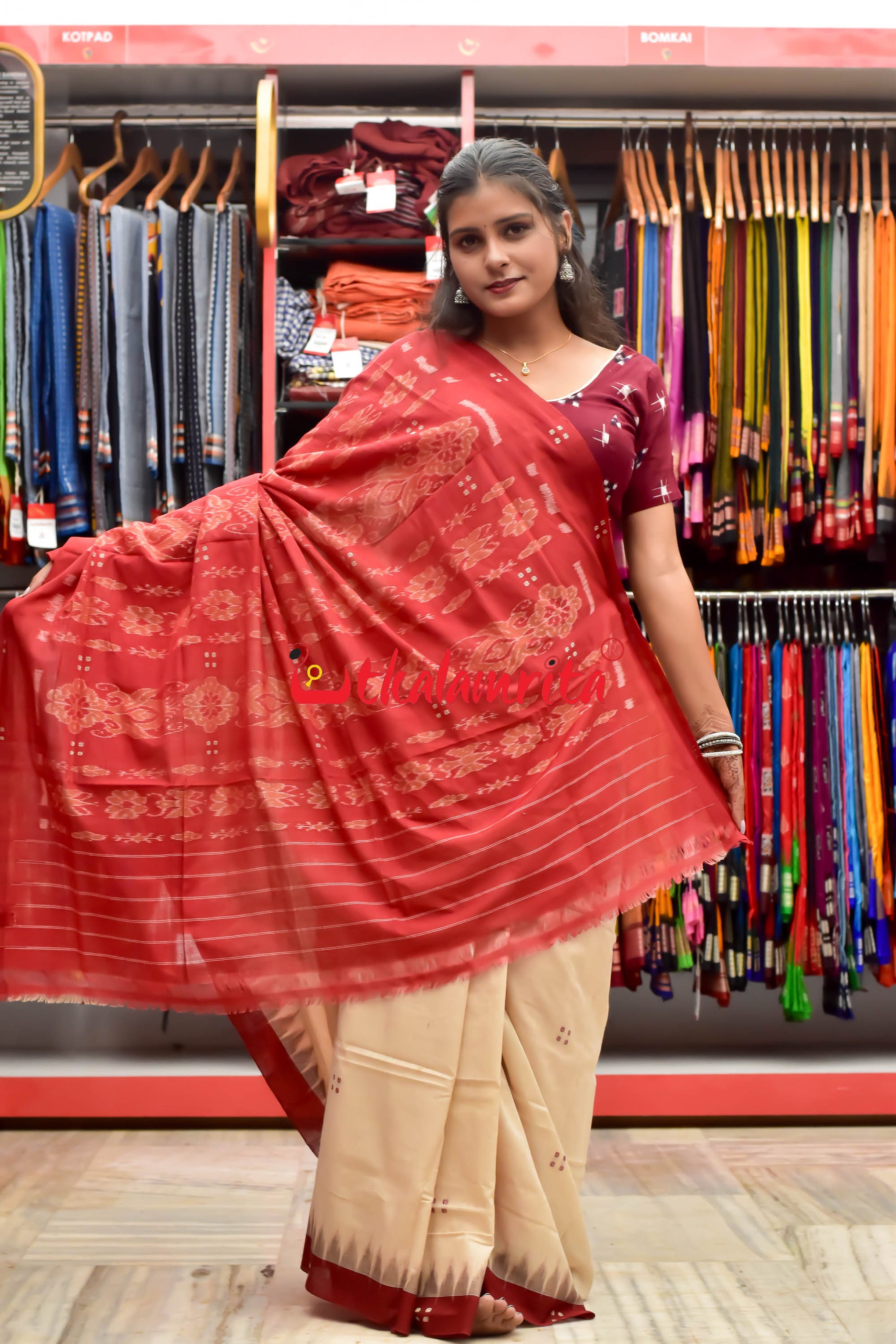 Off White Maroon Buti Cotton Saree