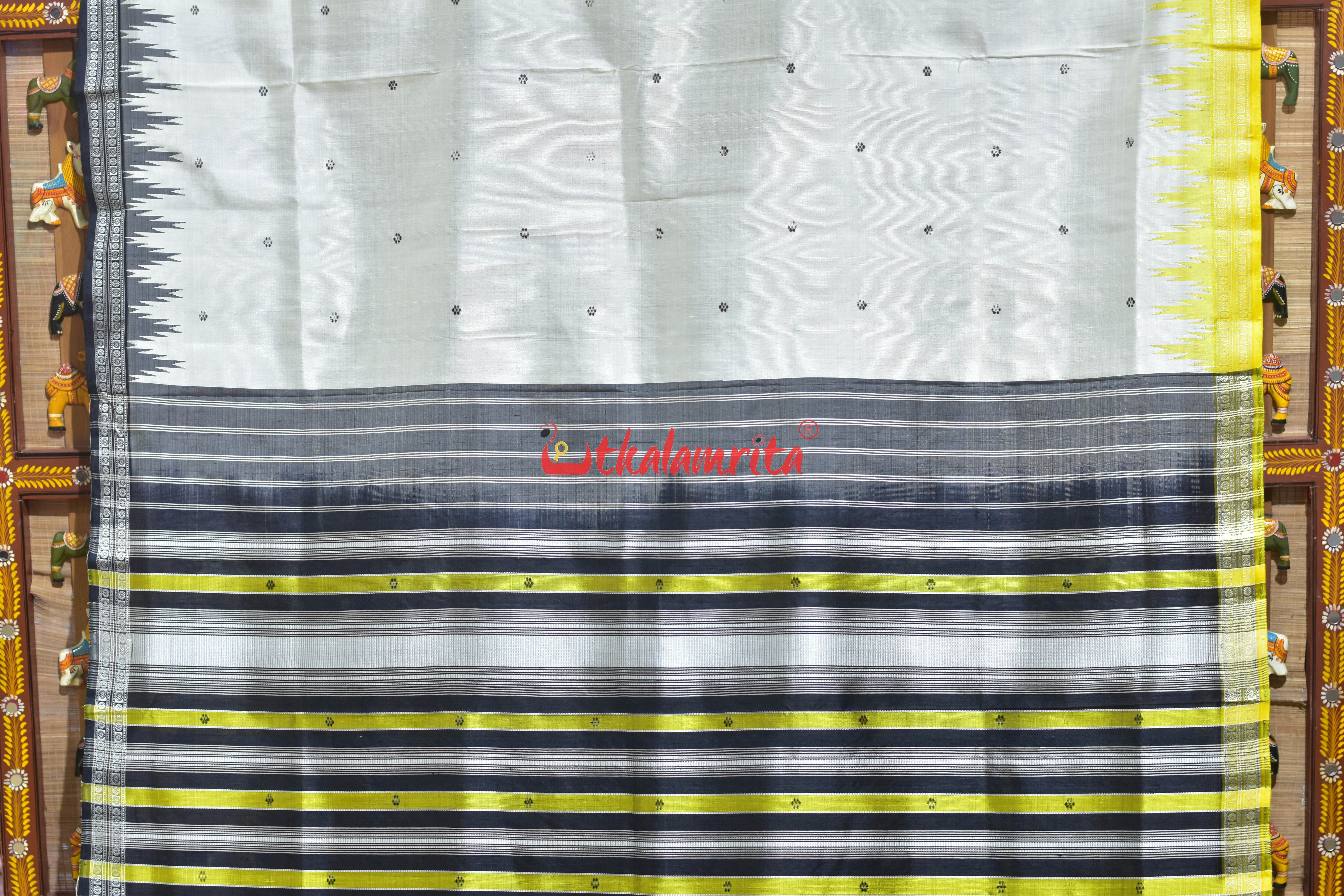 White Yellow Black Double Anchal Berhampuri Silk Saree