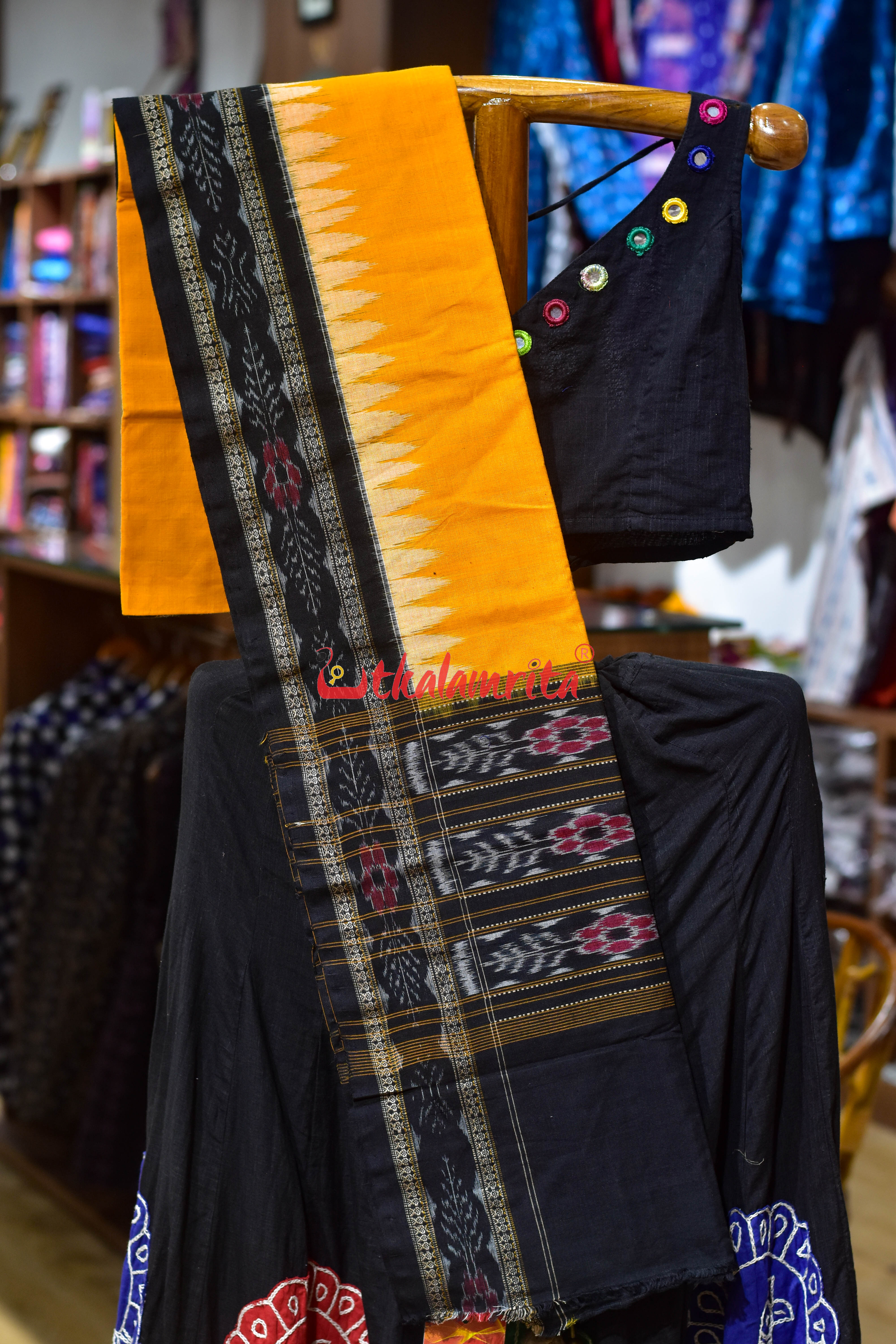 Mustard Black Flower Bandha Cotton (Dupatta)