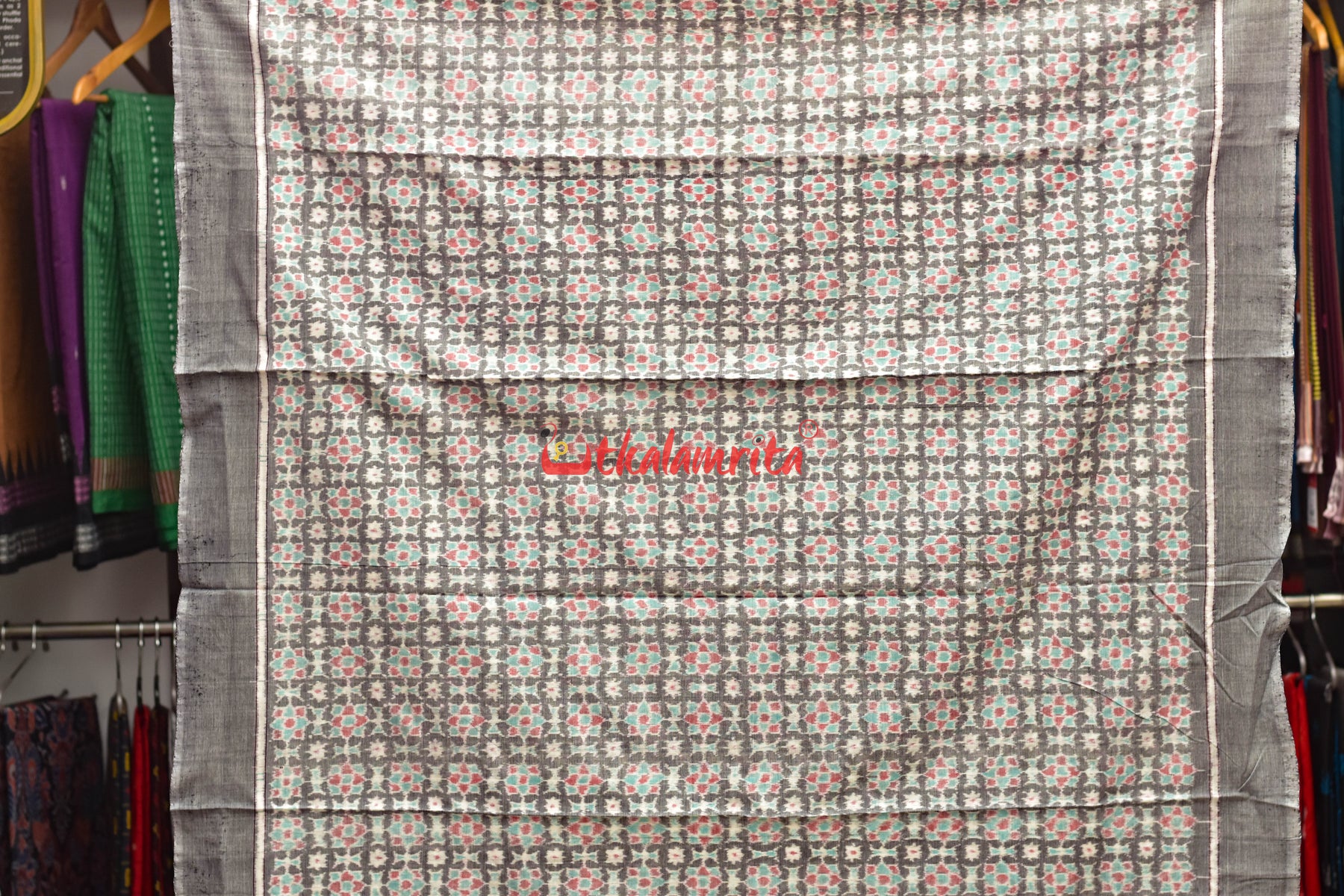 Grey Red Jhoti Flower Dress Set