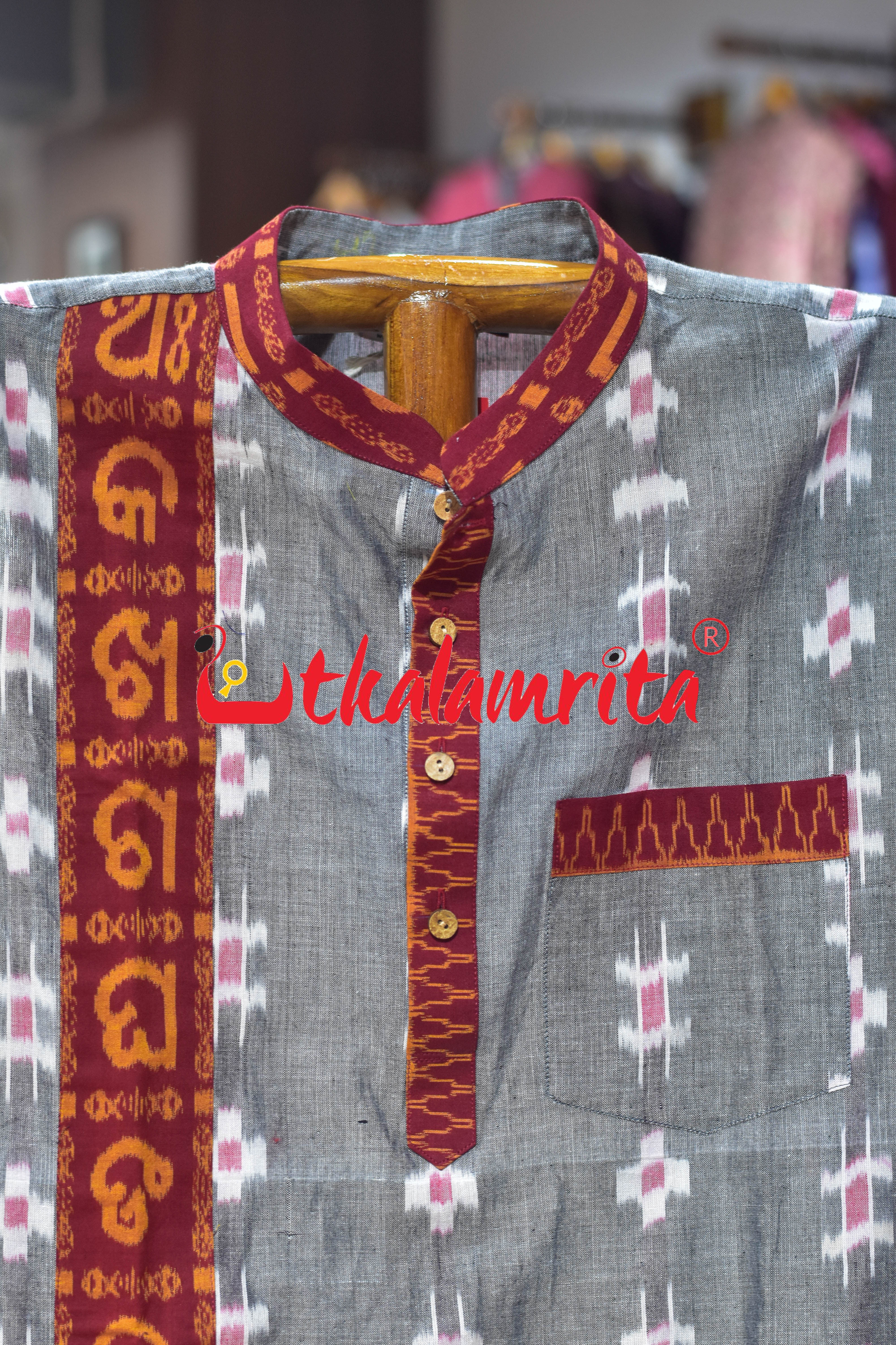 Grey Flower Kothi Bandha Odia Letters (Men's Short Kurta)