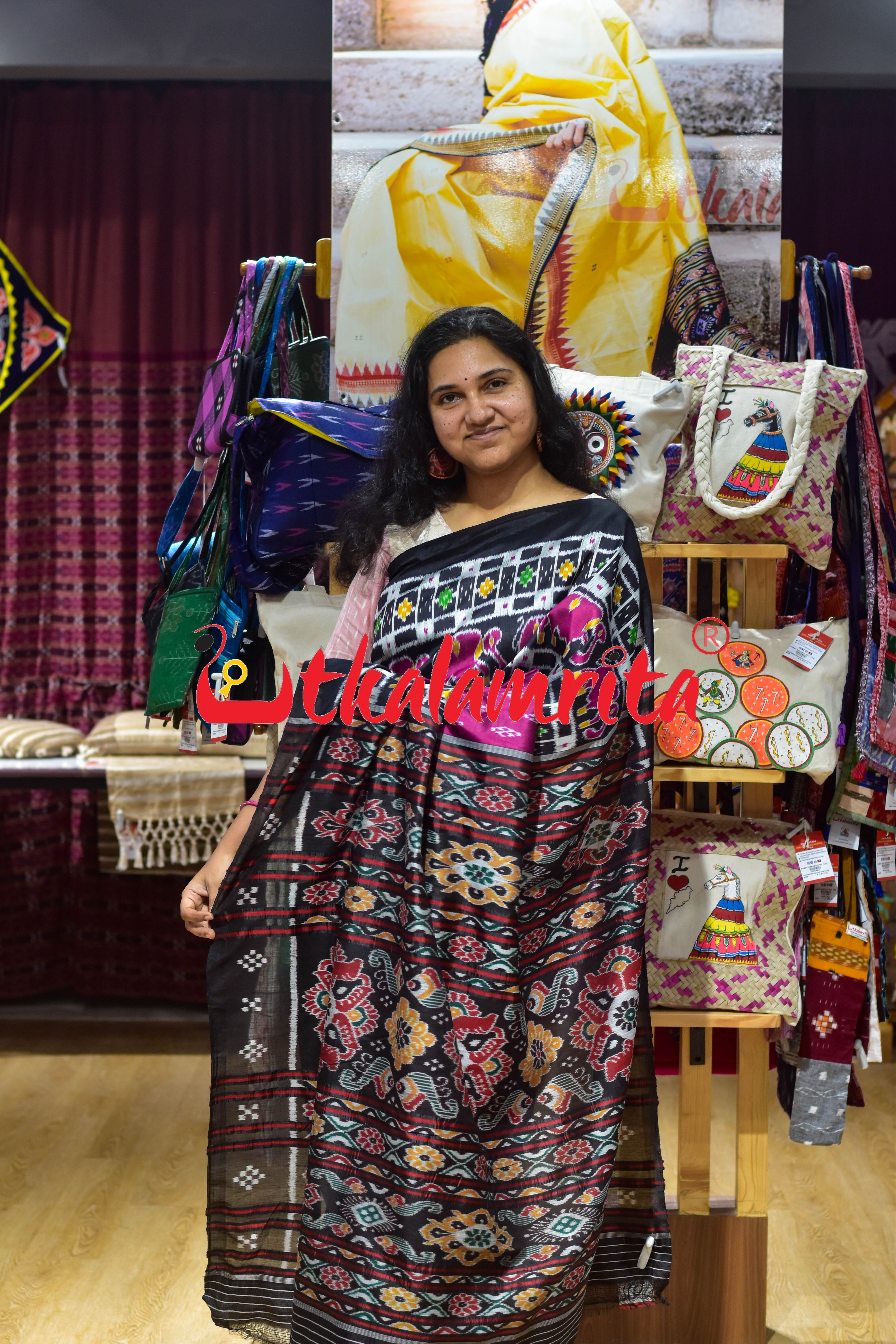 Purple Black Border Elephant Pasapali Khandua Silk Saree