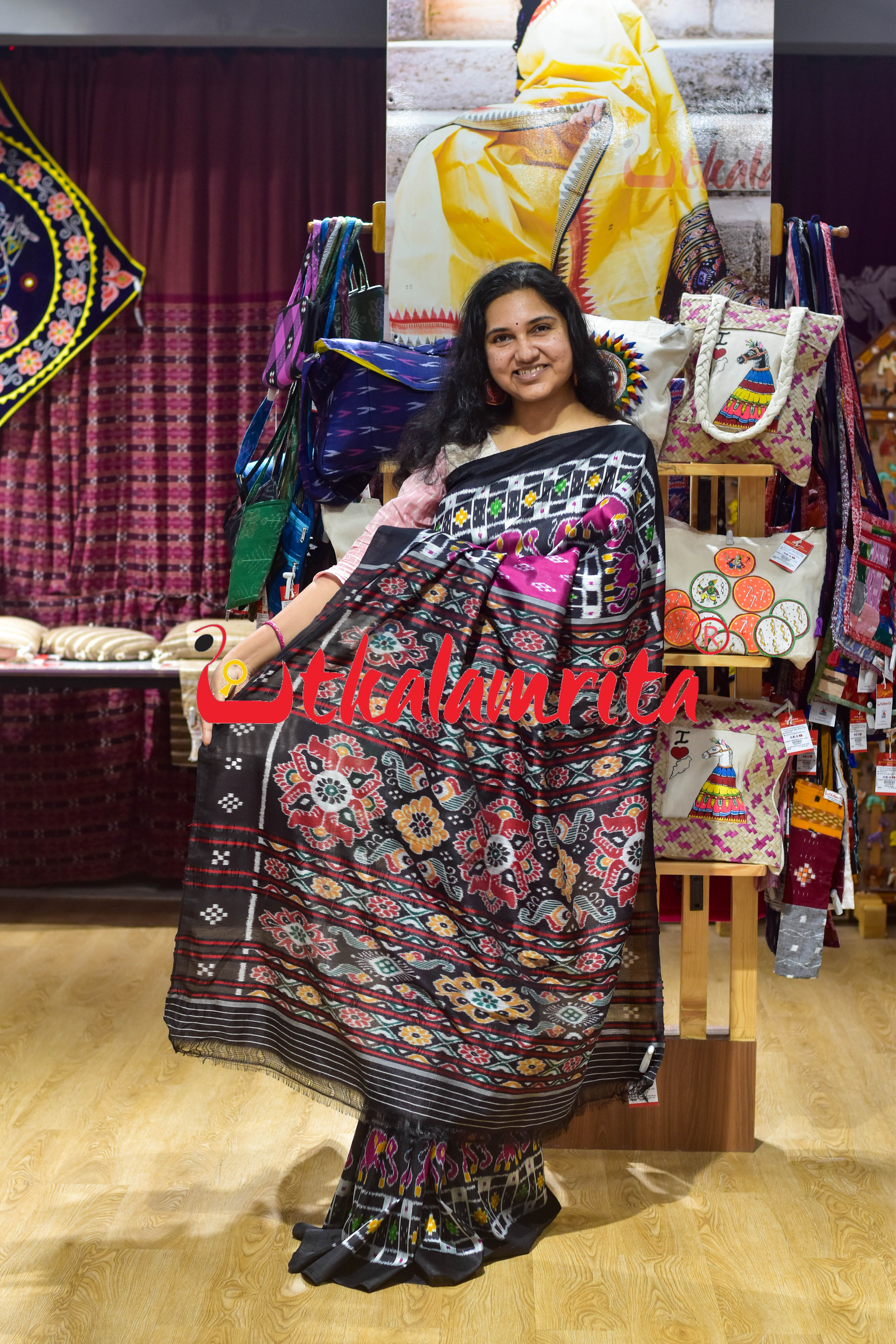 Purple Black Border Elephant Pasapali Khandua Silk Saree