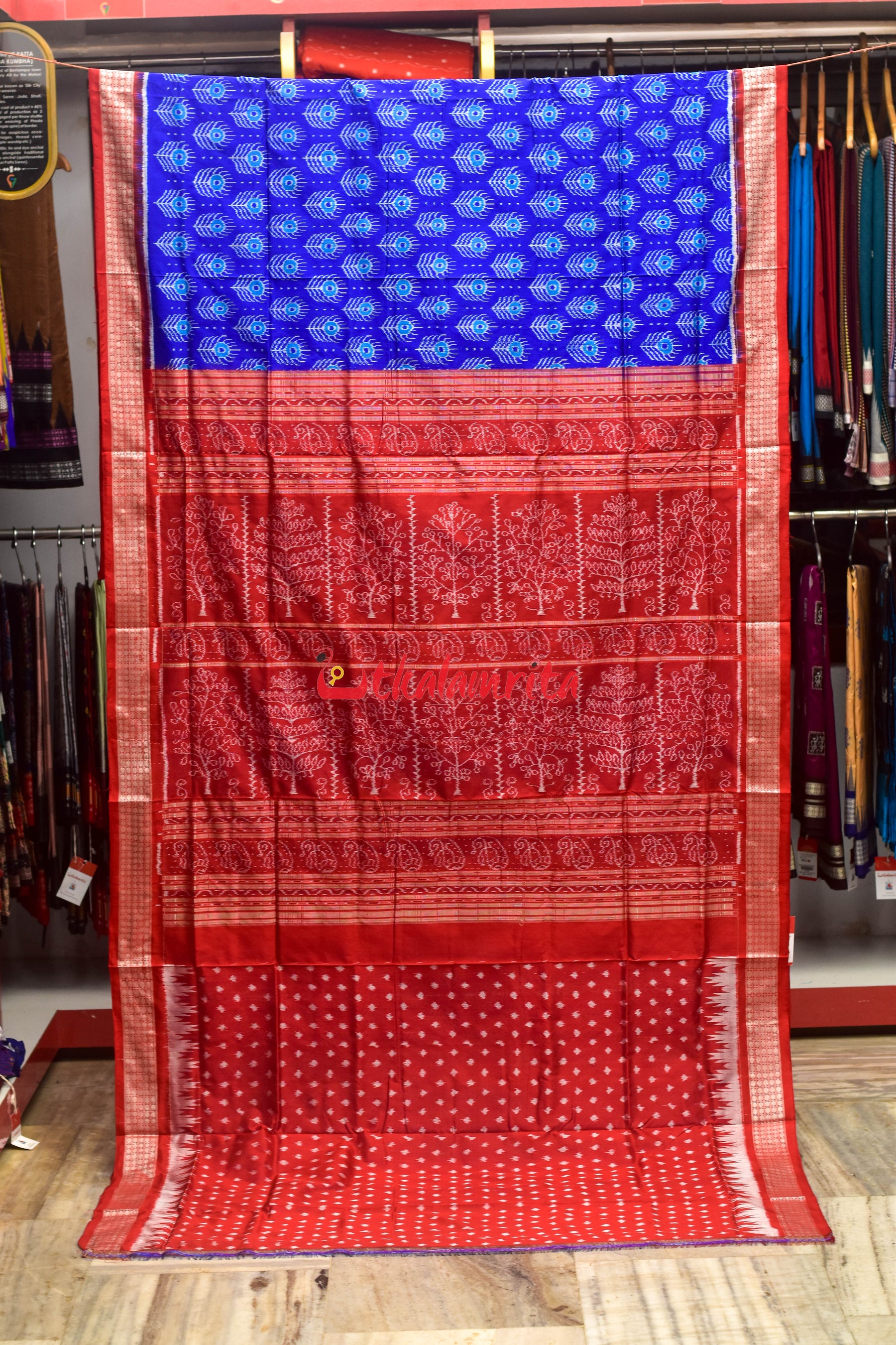 Blue Red Mayurapucha Sambalpuri Silk Saree